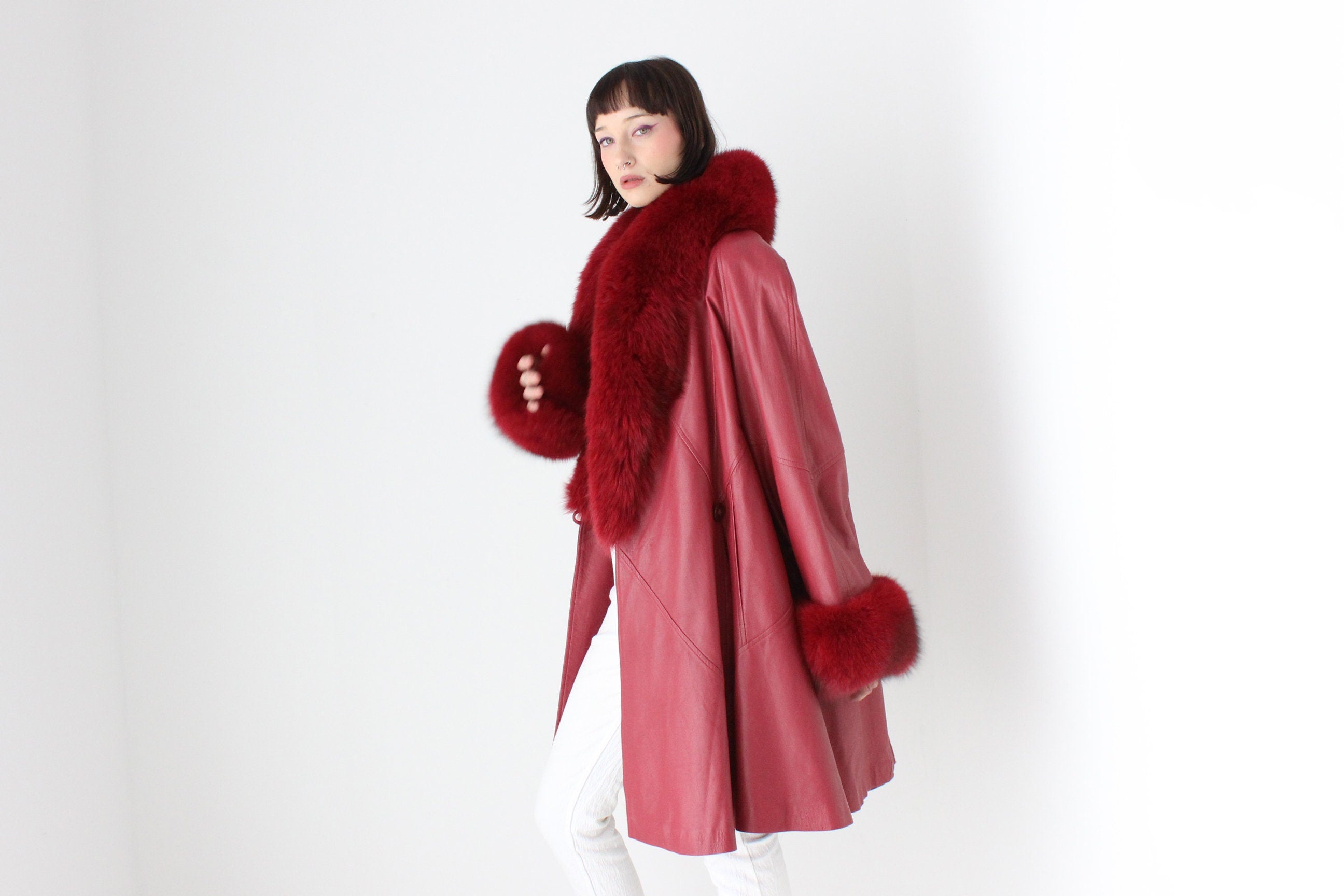 Outstanding 1980s Soft Lambskin Leather + Lush Genuine Fur Free Size Swing Coat