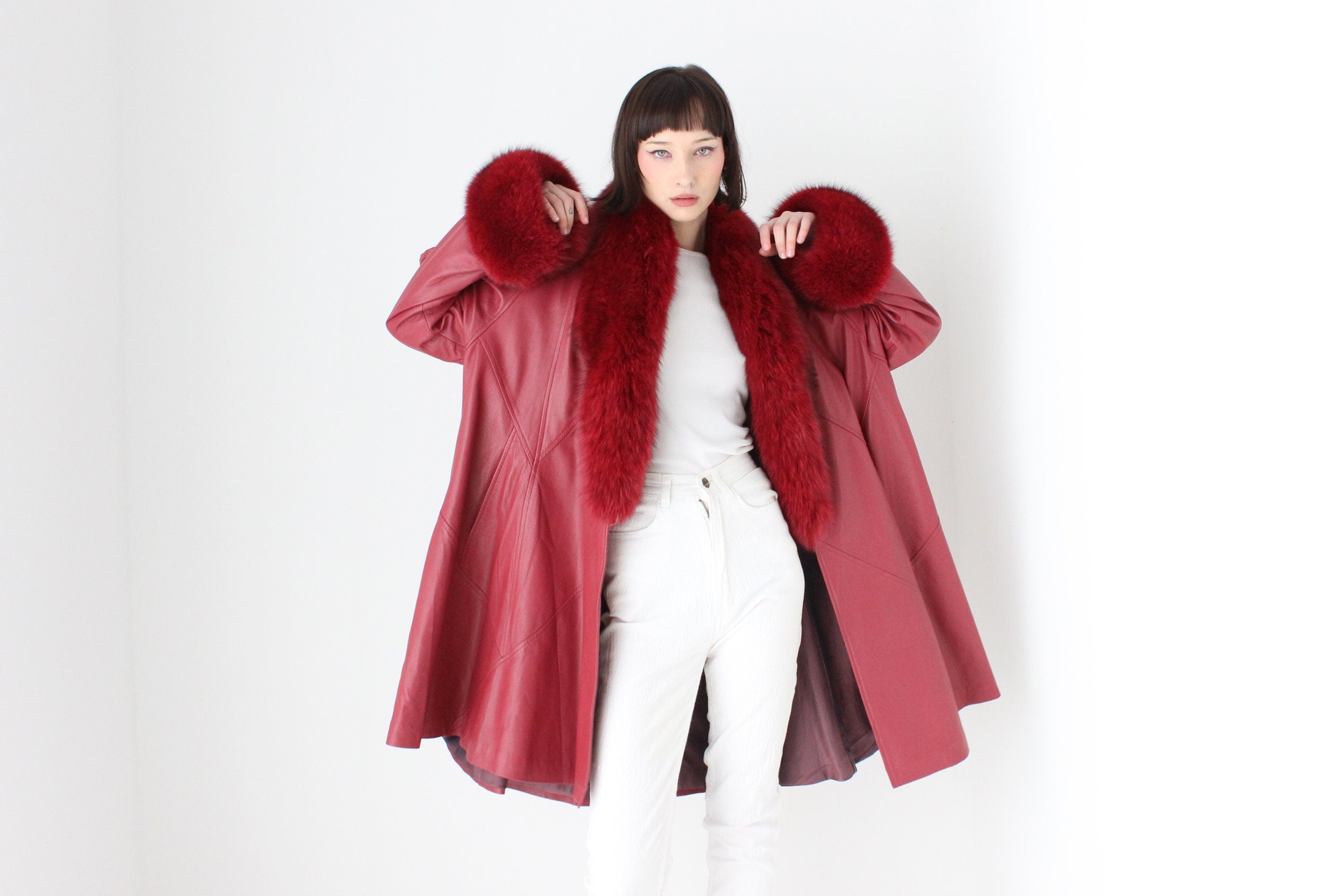 Outstanding 1980s Soft Lambskin Leather + Lush Genuine Fur Free Size Swing Coat