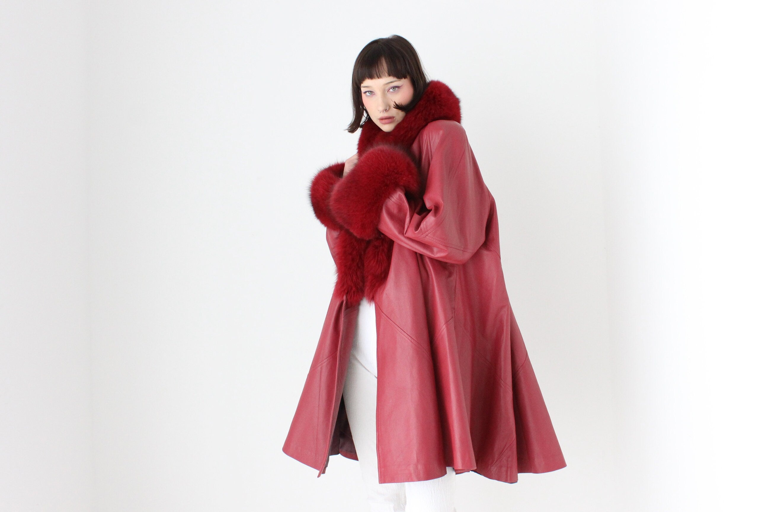 Outstanding 1980s Soft Lambskin Leather + Lush Genuine Fur Free Size Swing Coat