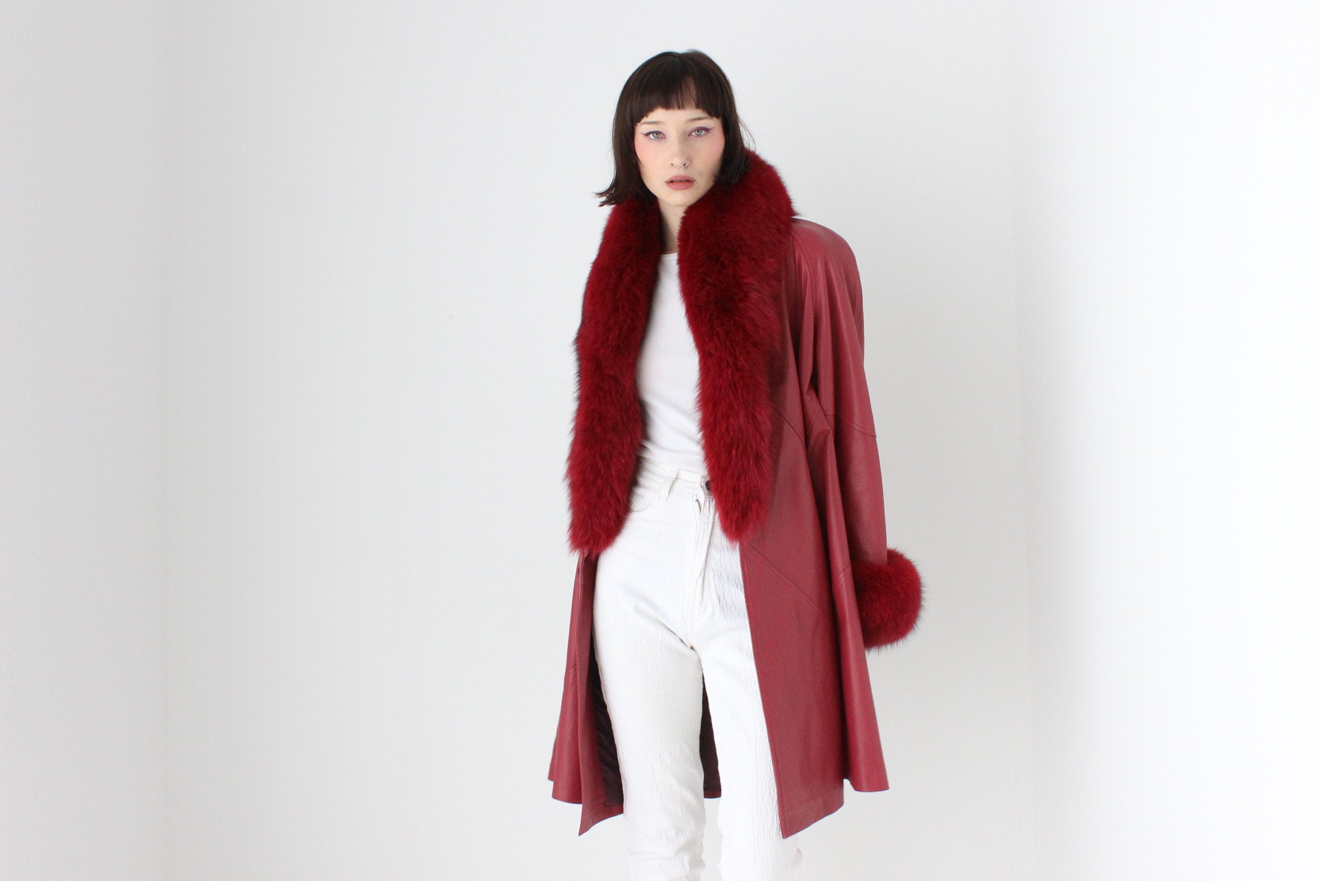 Outstanding 1980s Soft Lambskin Leather + Lush Genuine Fur Free Size Swing Coat