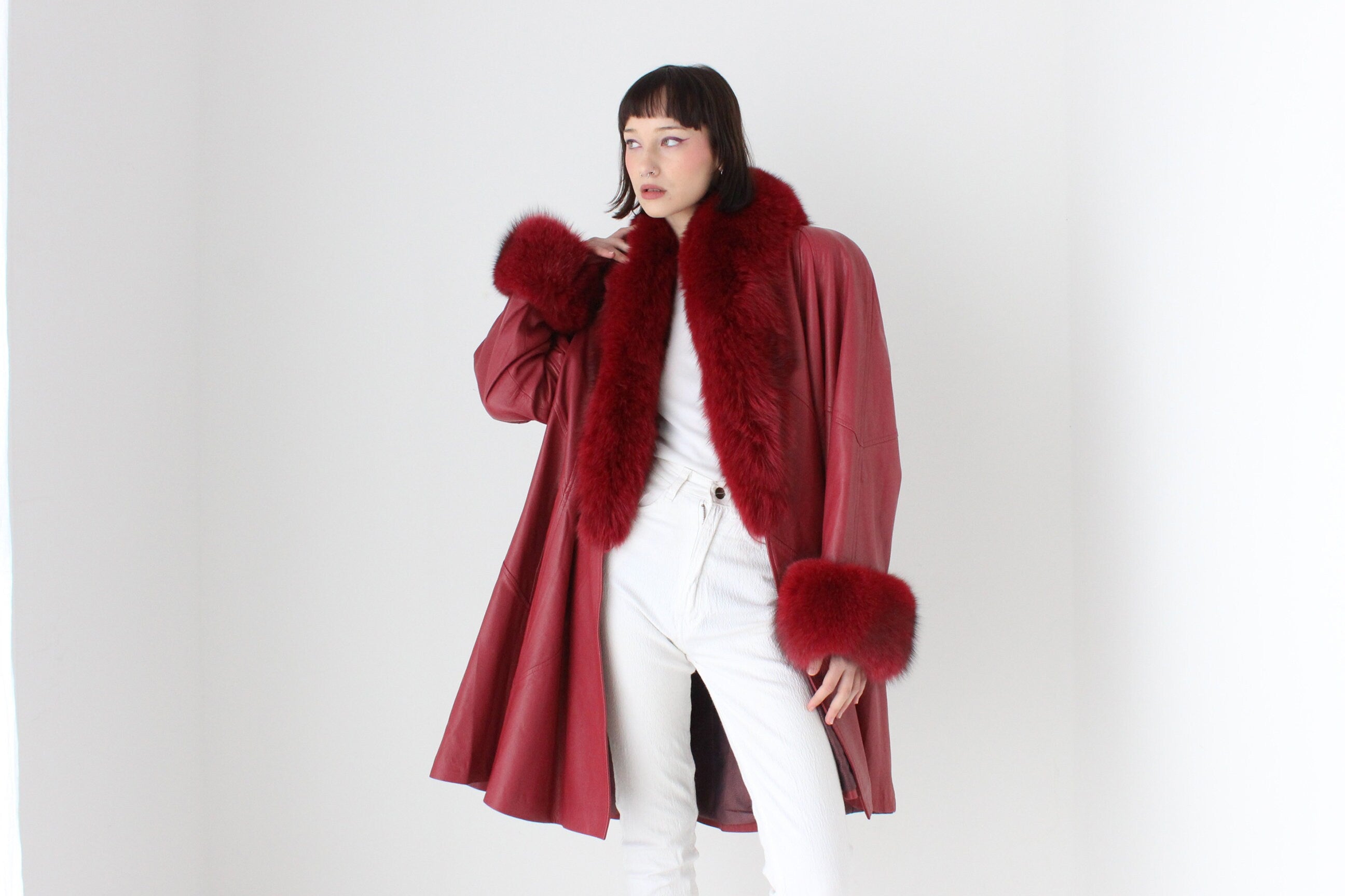 Outstanding 1980s Soft Lambskin Leather + Lush Genuine Fur Free Size Swing Coat