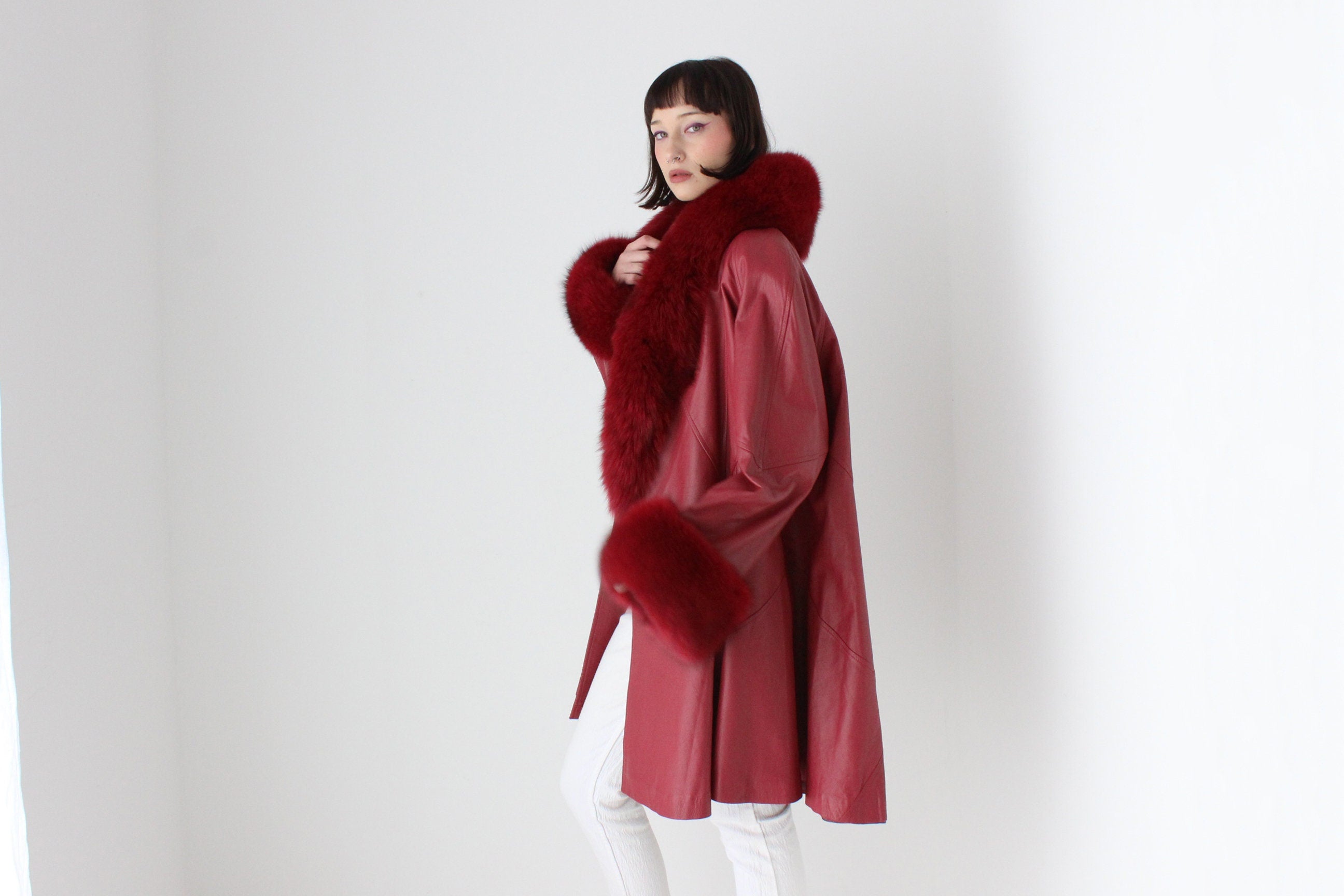 Outstanding 1980s Soft Lambskin Leather + Lush Genuine Fur Free Size Swing Coat