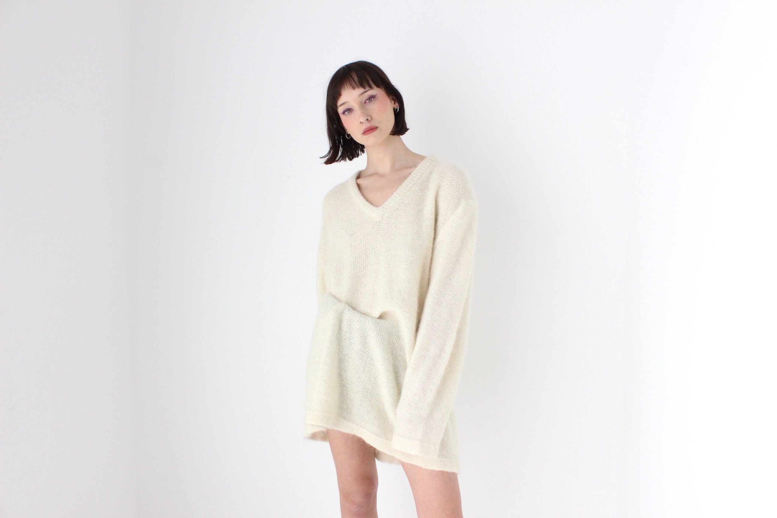 80s Mohair Blend V Neck Sweater Dress