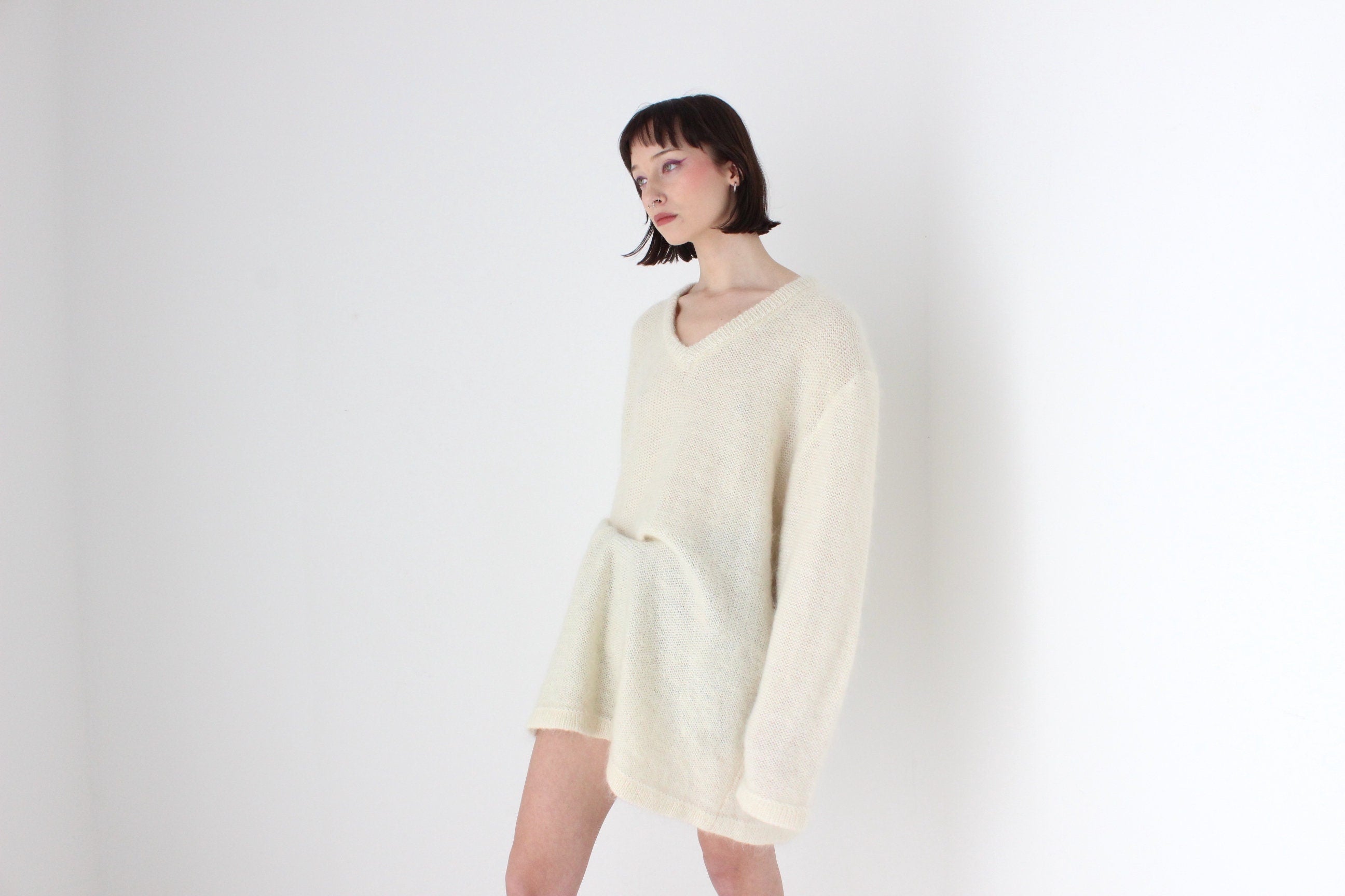 80s Mohair Blend V Neck Sweater Dress