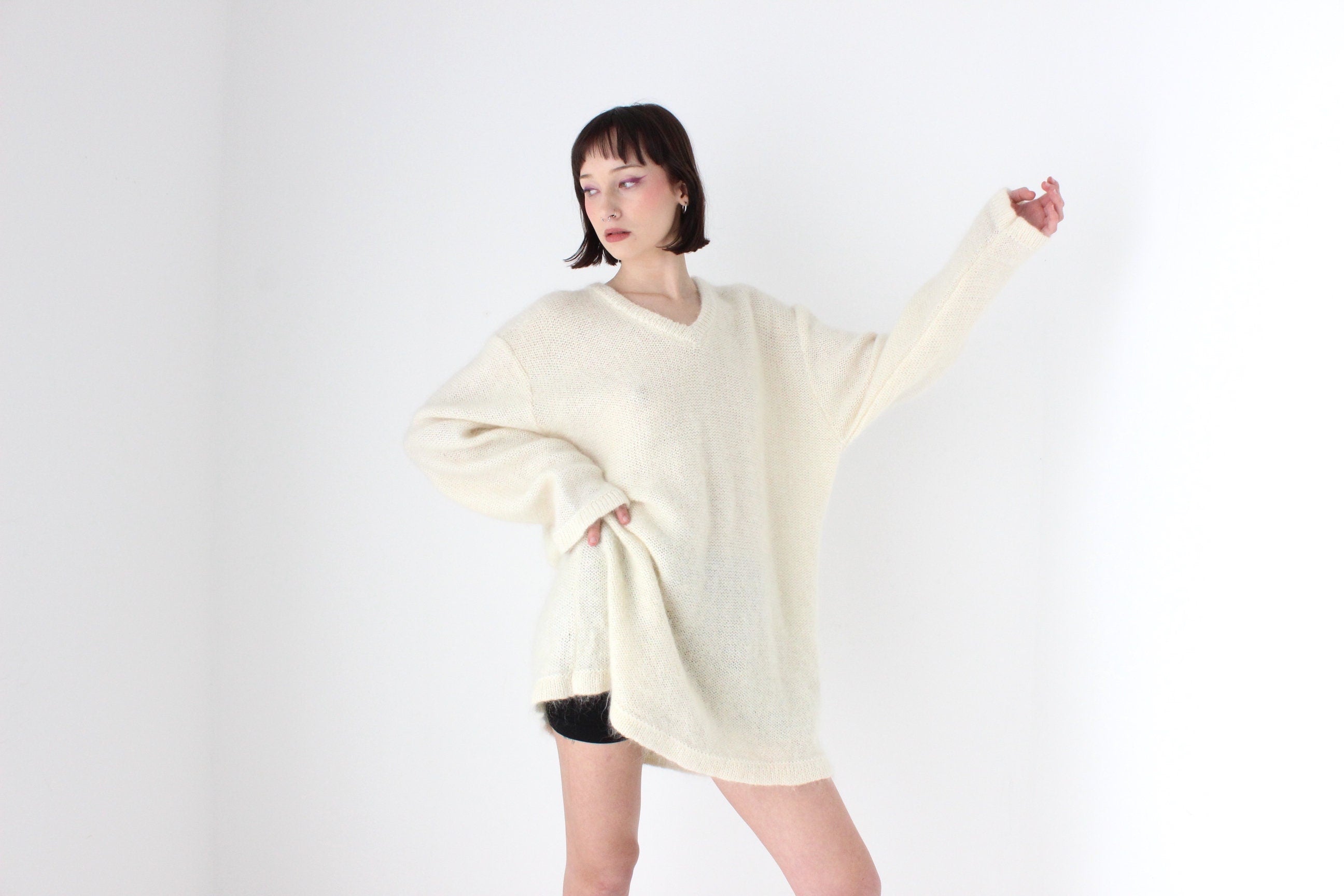 80s Mohair Blend V Neck Sweater Dress