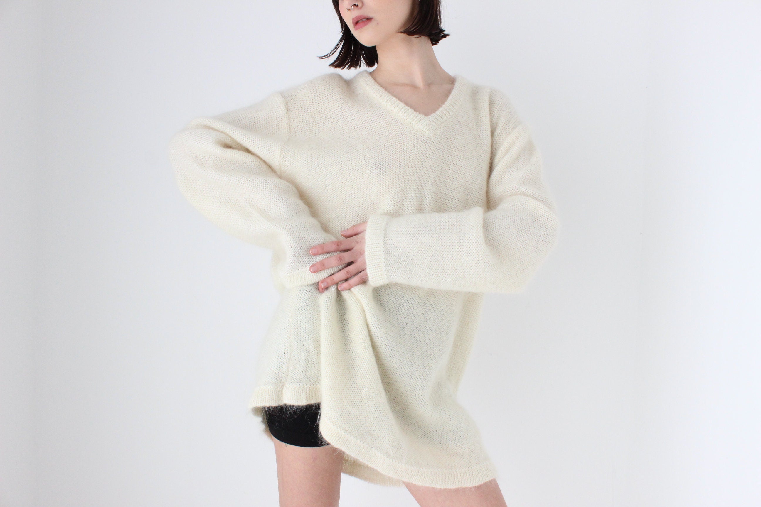 80s Mohair Blend V Neck Sweater Dress