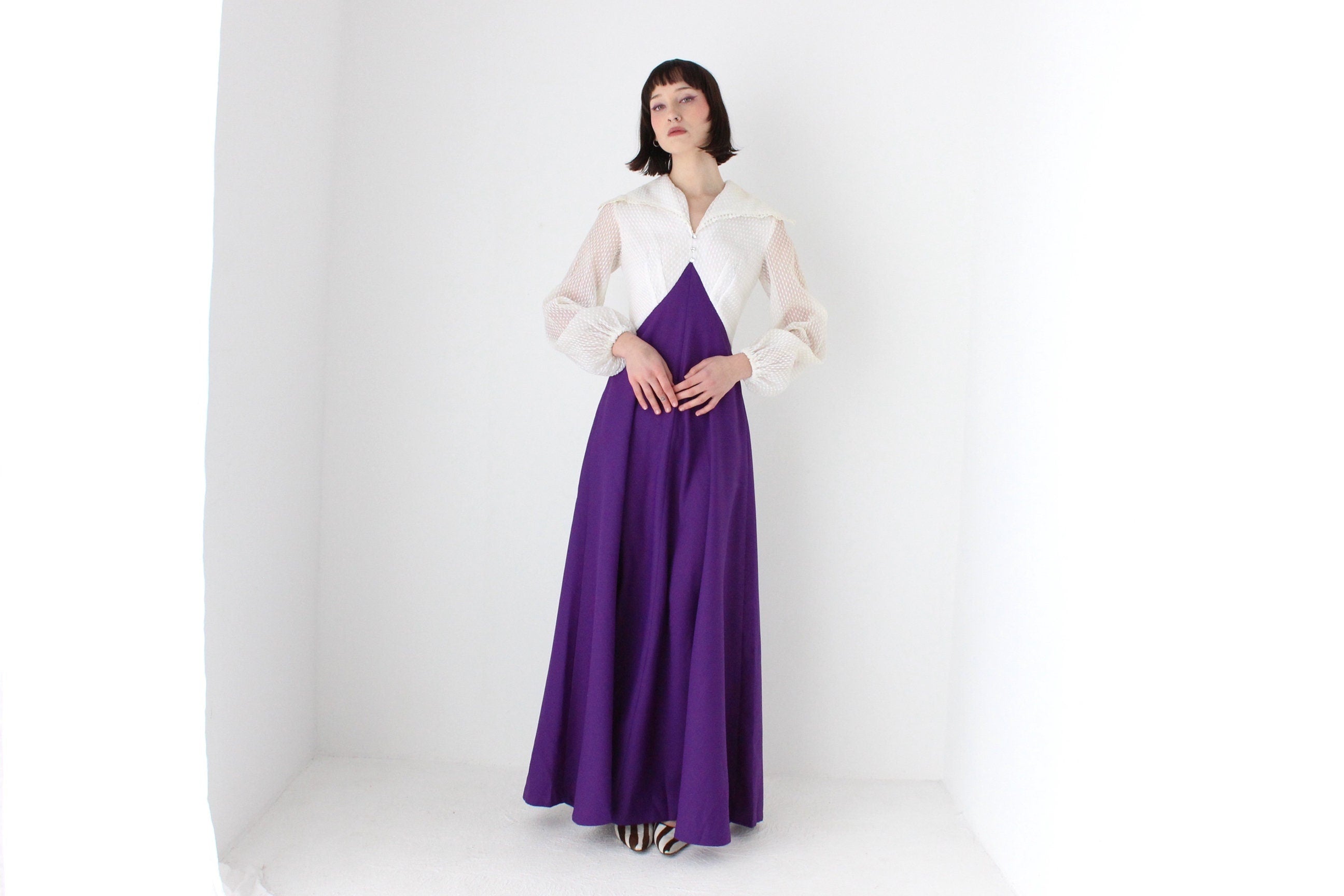Fabulous 70s Crimplene Dramatic Collar & Poet Sleeve Gown