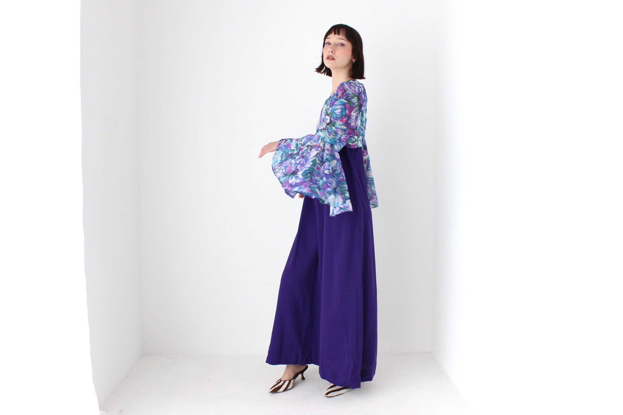 Incredible 70s Dramatic Flare Sleeve Gown