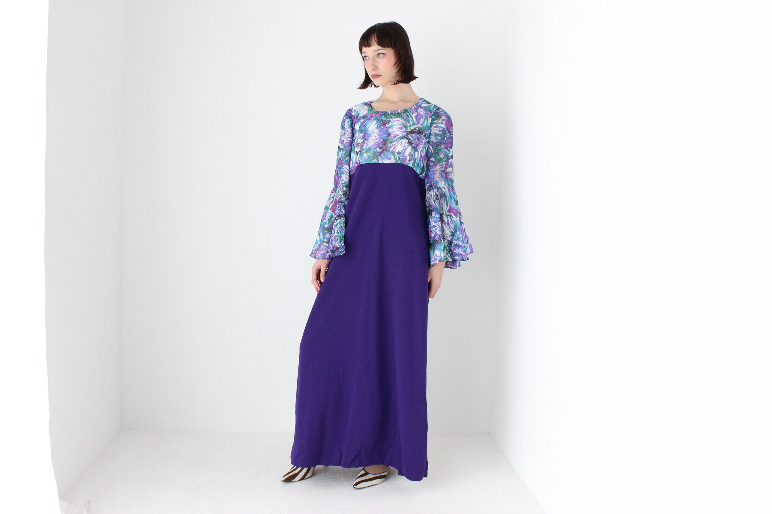 Incredible 70s Dramatic Flare Sleeve Gown