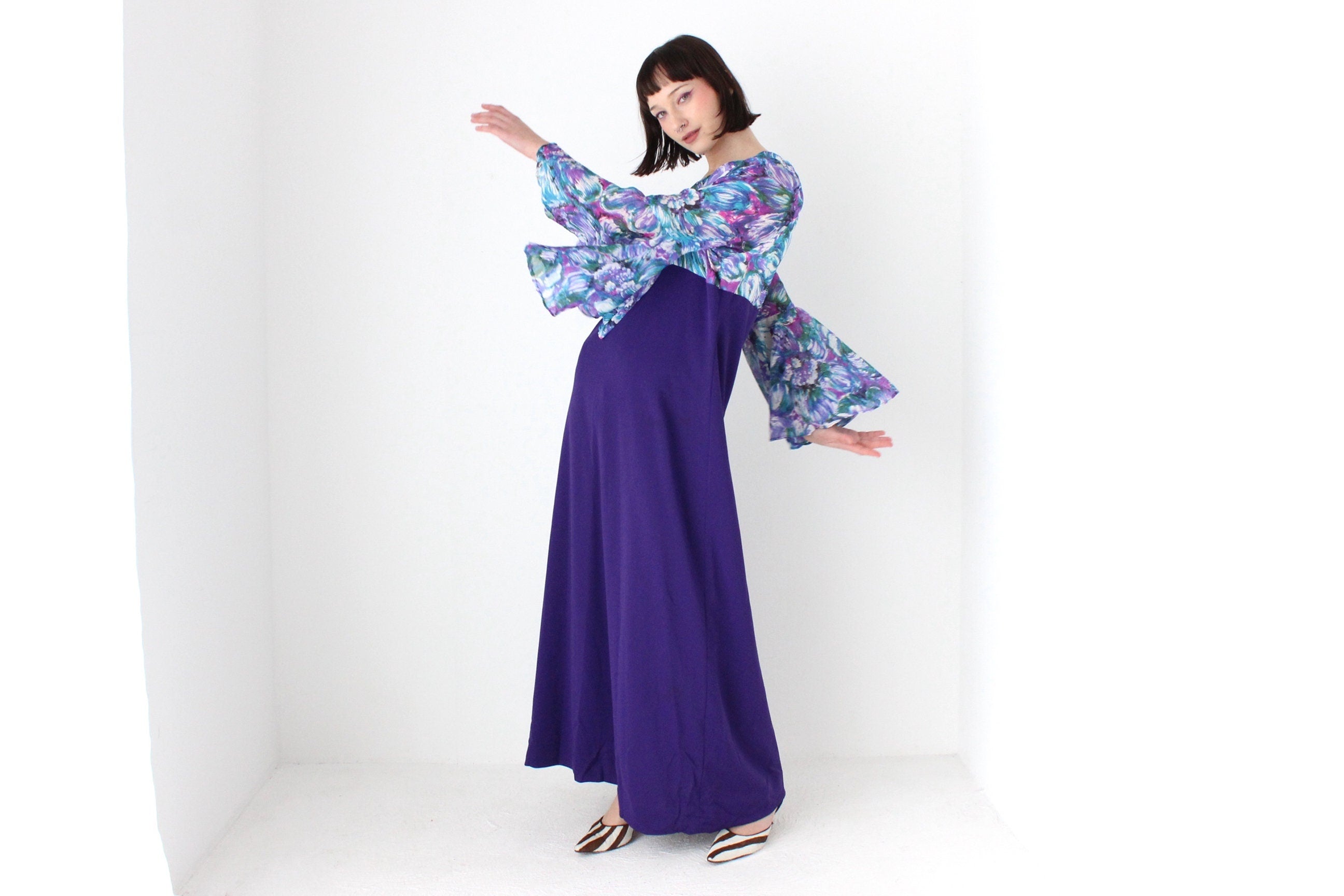 Incredible 70s Dramatic Flare Sleeve Gown