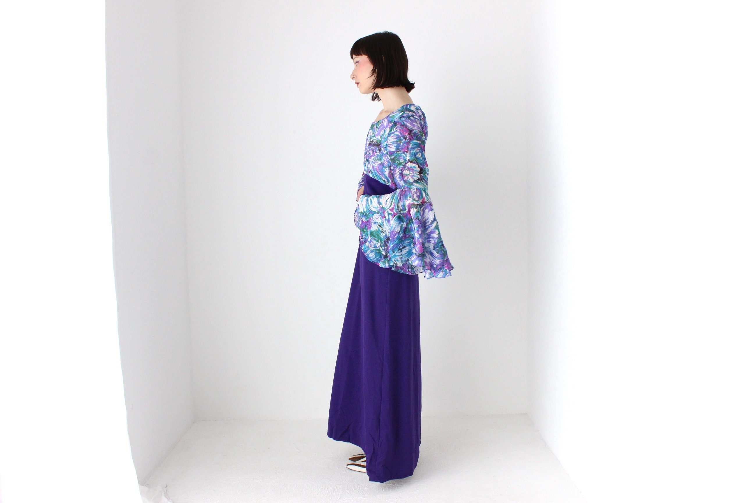 Incredible 70s Dramatic Flare Sleeve Gown