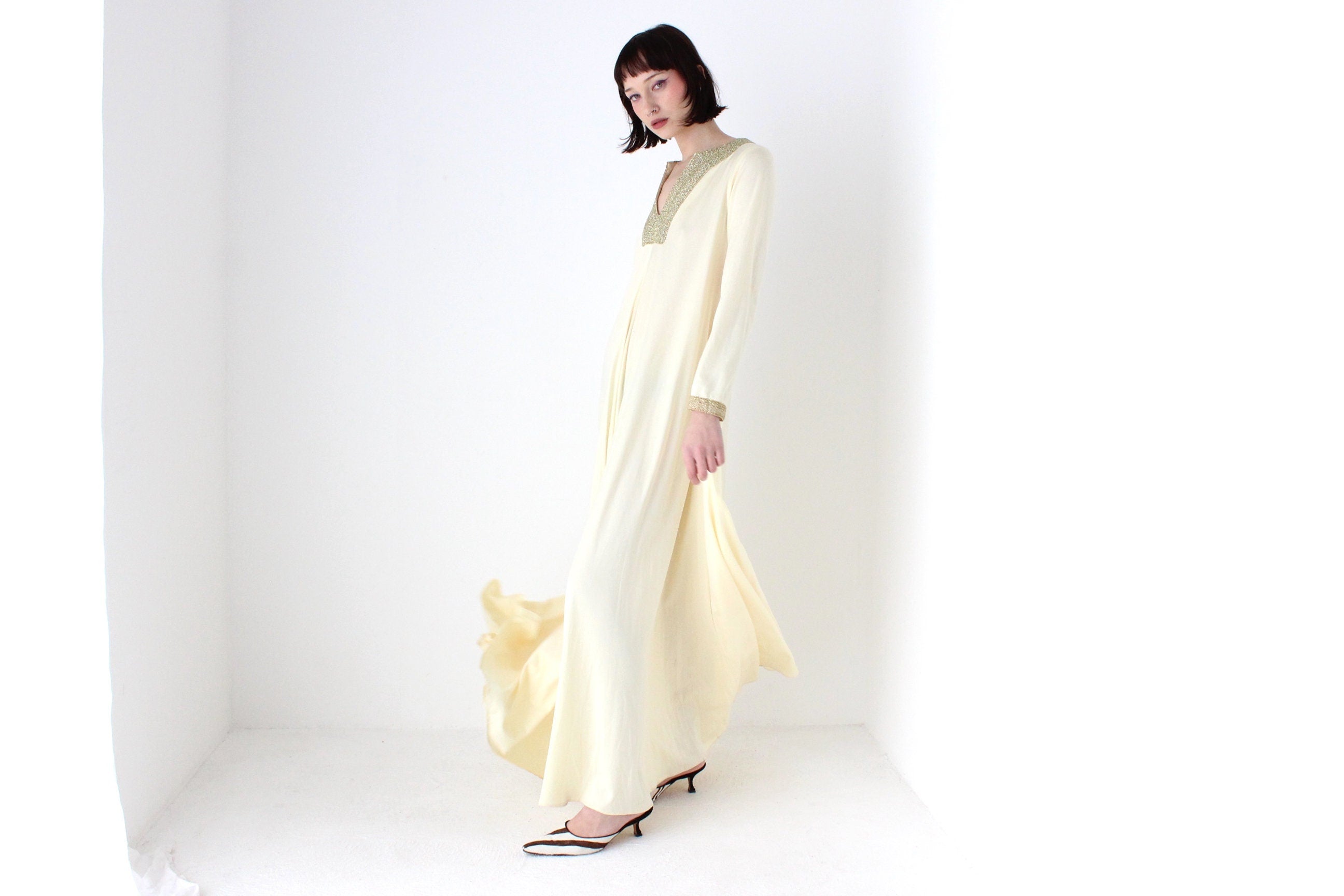 70s DISCO GODDESS Cream Jersey & Gold Trim Sweeping Trapeze Gown