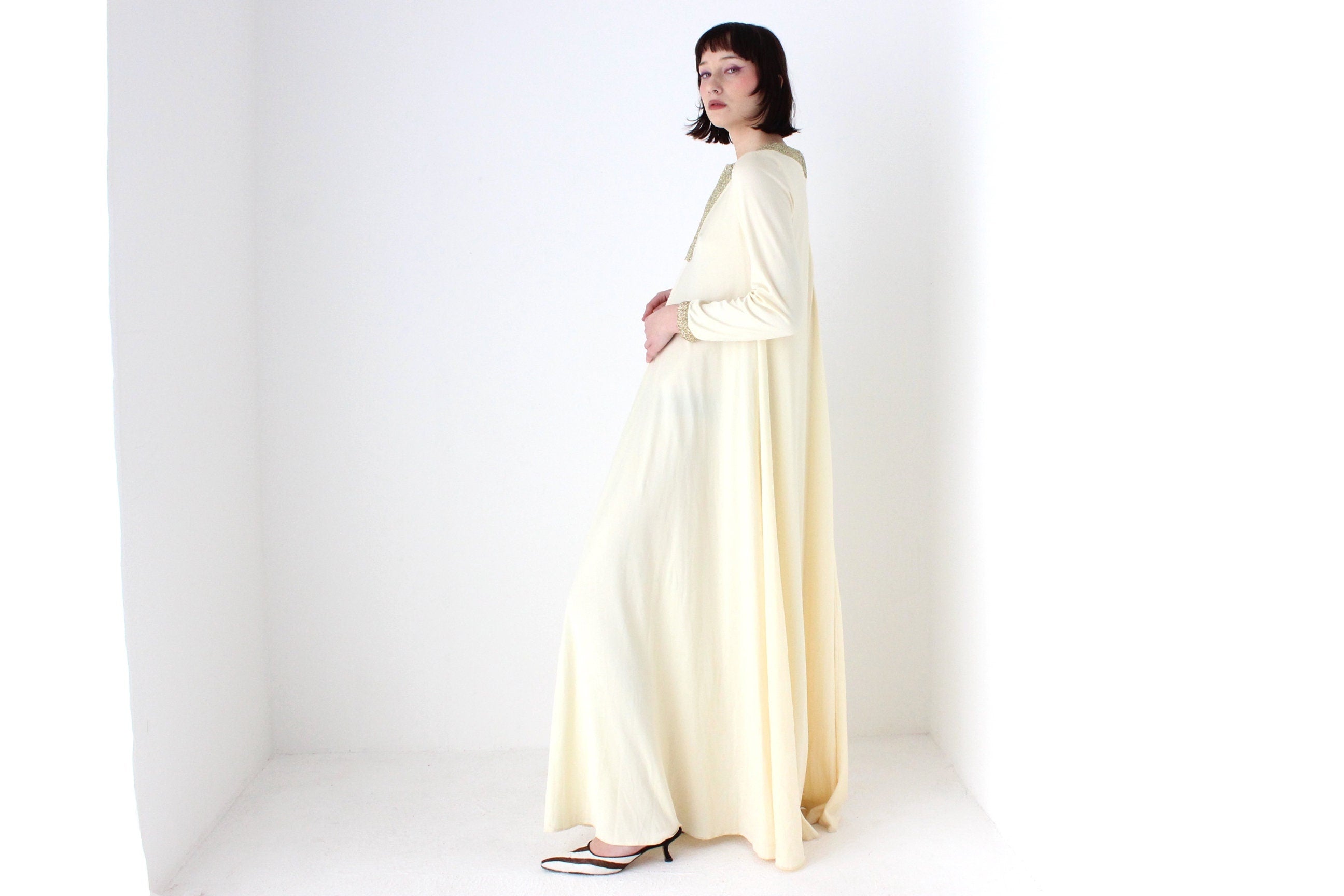 70s DISCO GODDESS Cream Jersey & Gold Trim Sweeping Trapeze Gown