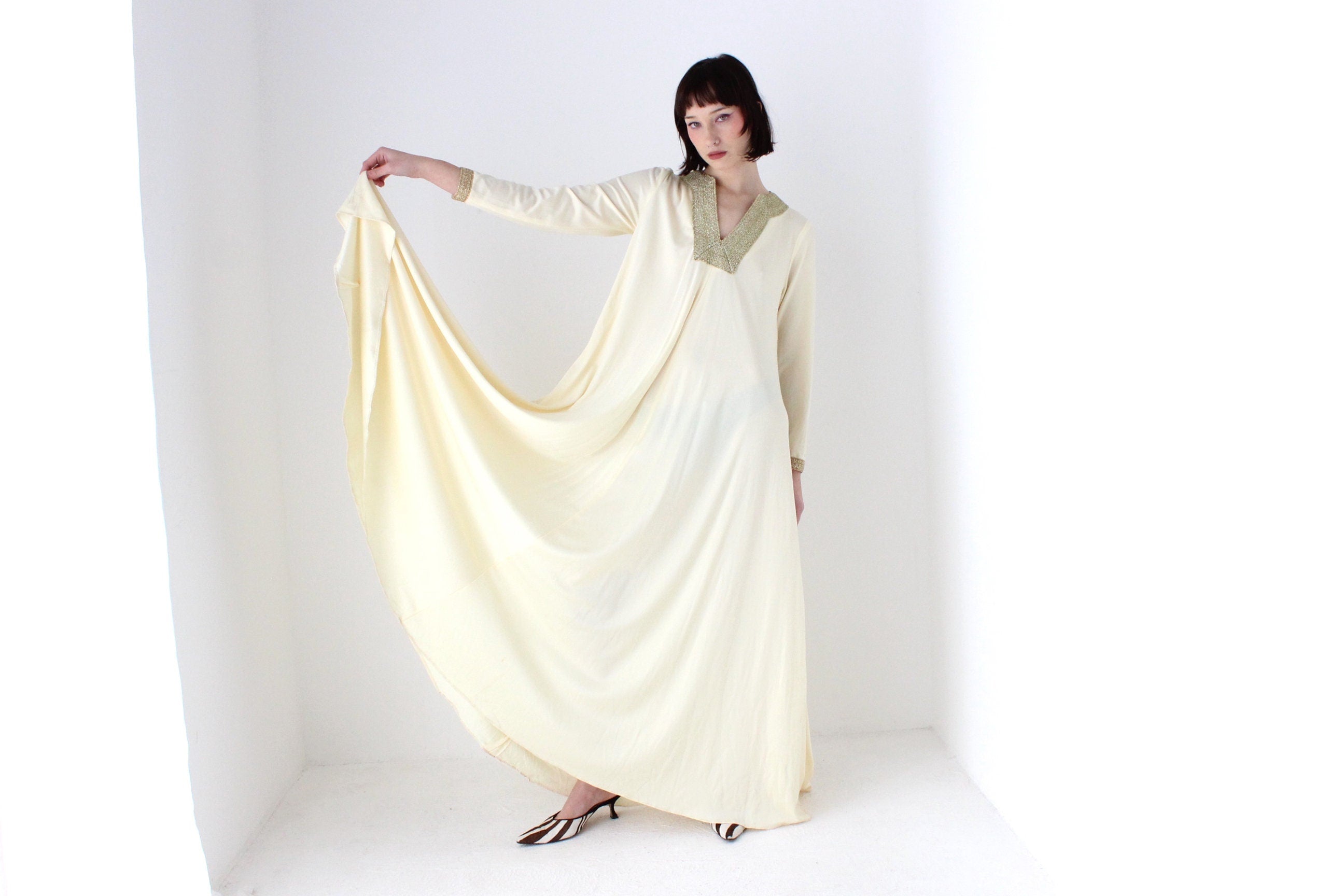 70s DISCO GODDESS Cream Jersey & Gold Trim Sweeping Trapeze Gown