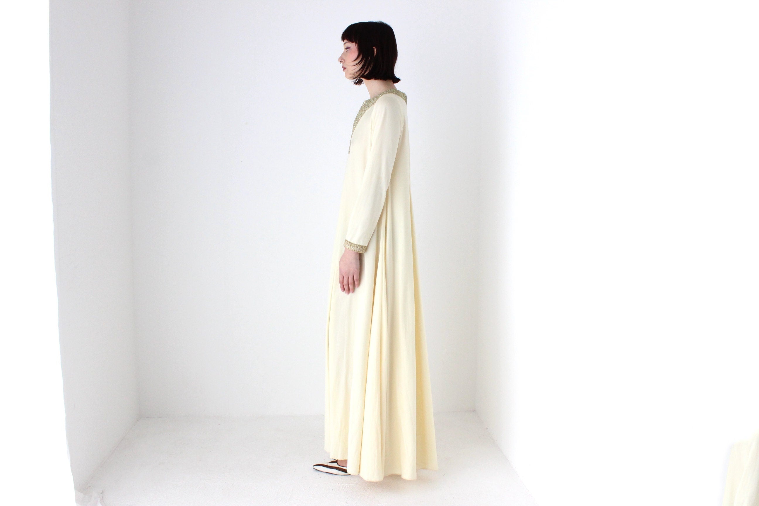70s DISCO GODDESS Cream Jersey & Gold Trim Sweeping Trapeze Gown