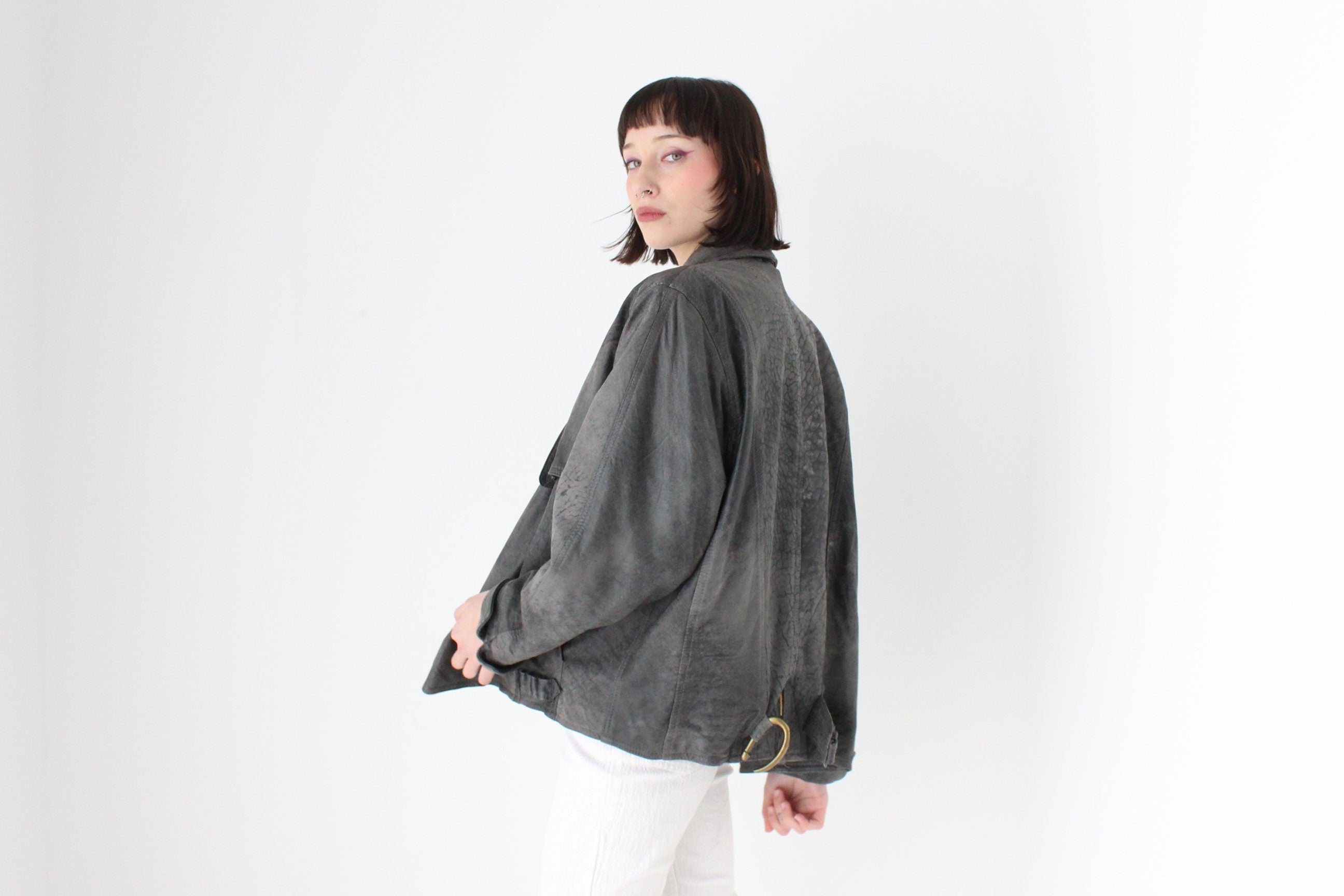 80s Acid Wash Sueded Leather Bomber w/ Feature Brass "Hook" Closure