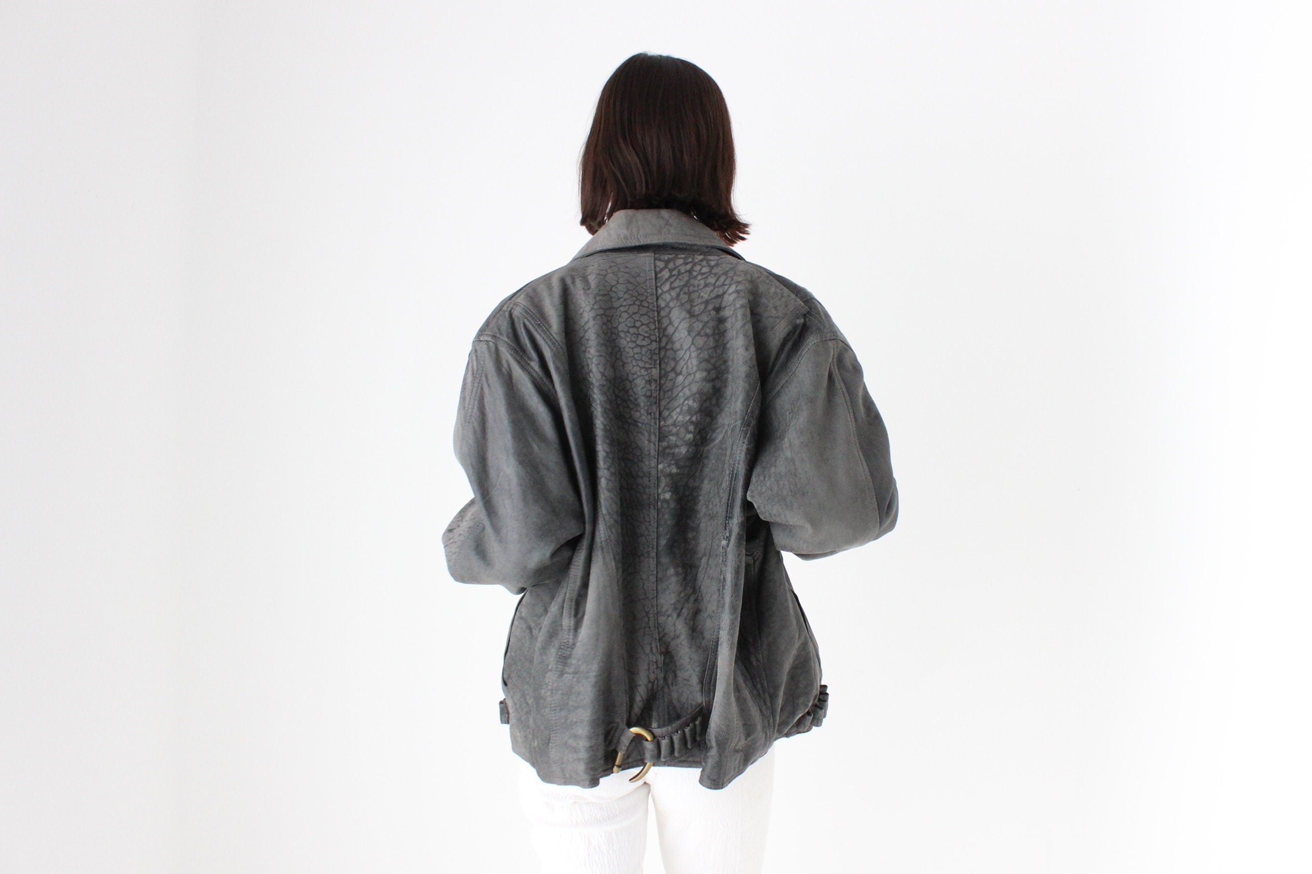 80s Acid Wash Sueded Leather Bomber w/ Feature Brass "Hook" Closure