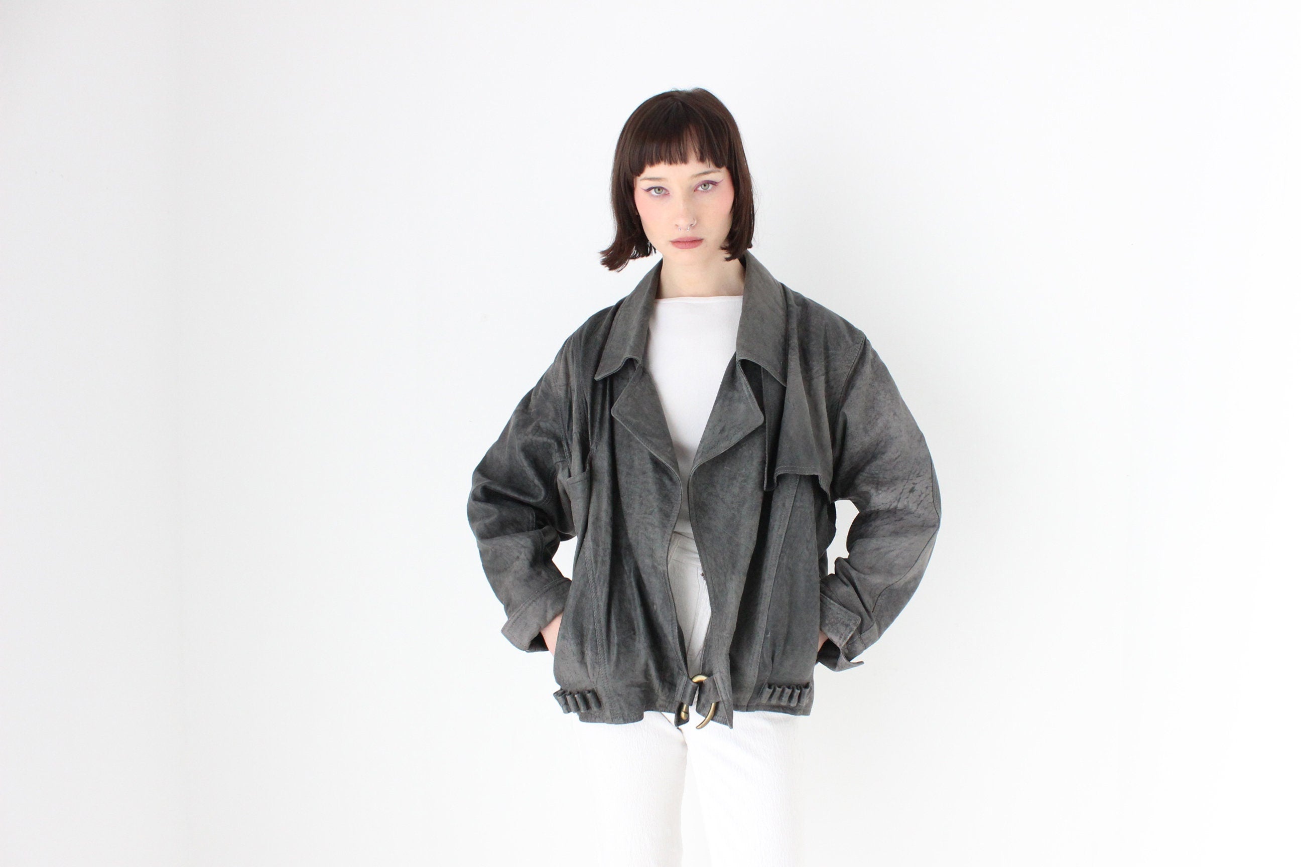 80s Acid Wash Sueded Leather Bomber w/ Feature Brass "Hook" Closure