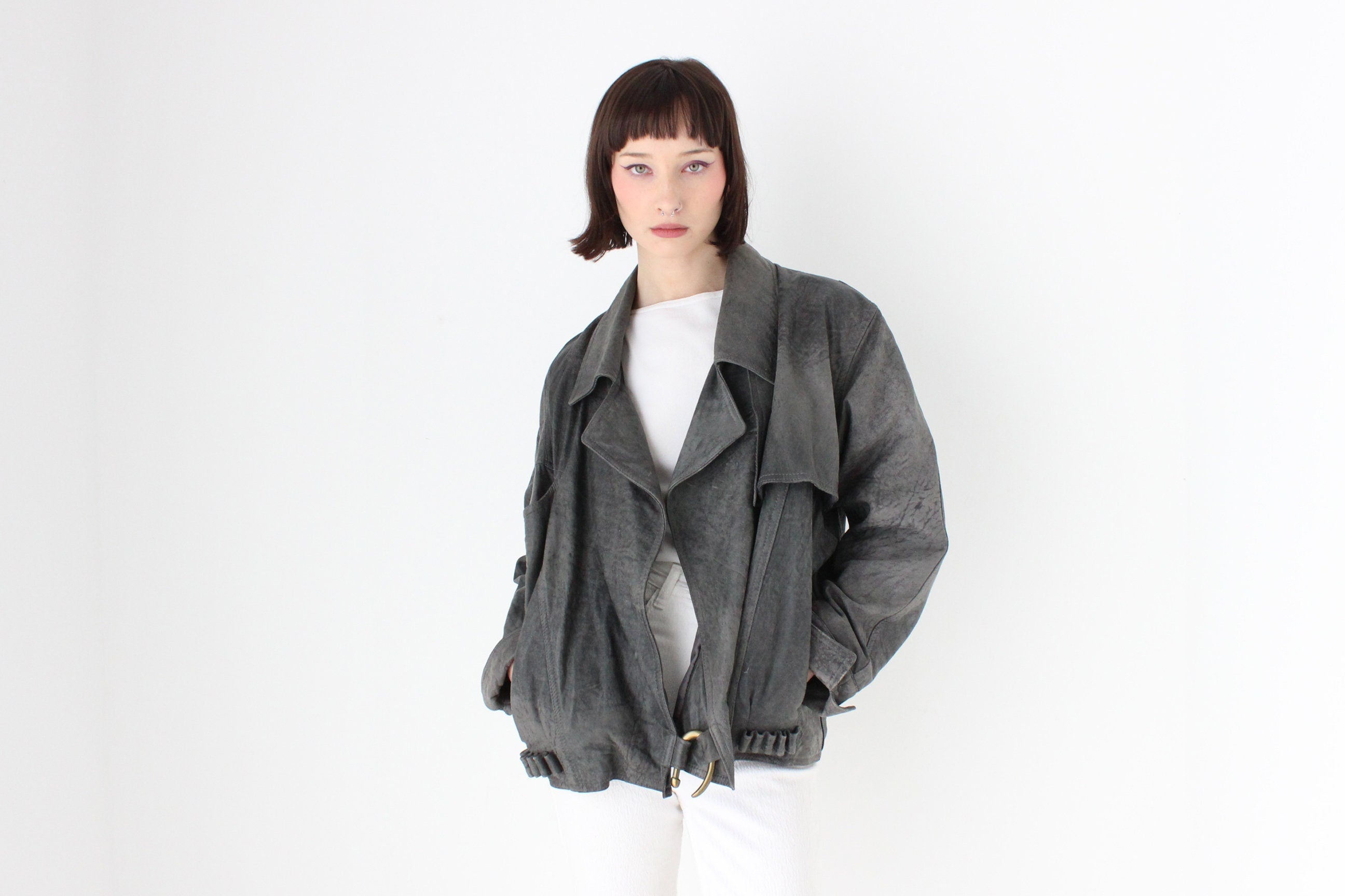 80s Acid Wash Sueded Leather Bomber w/ Feature Brass "Hook" Closure