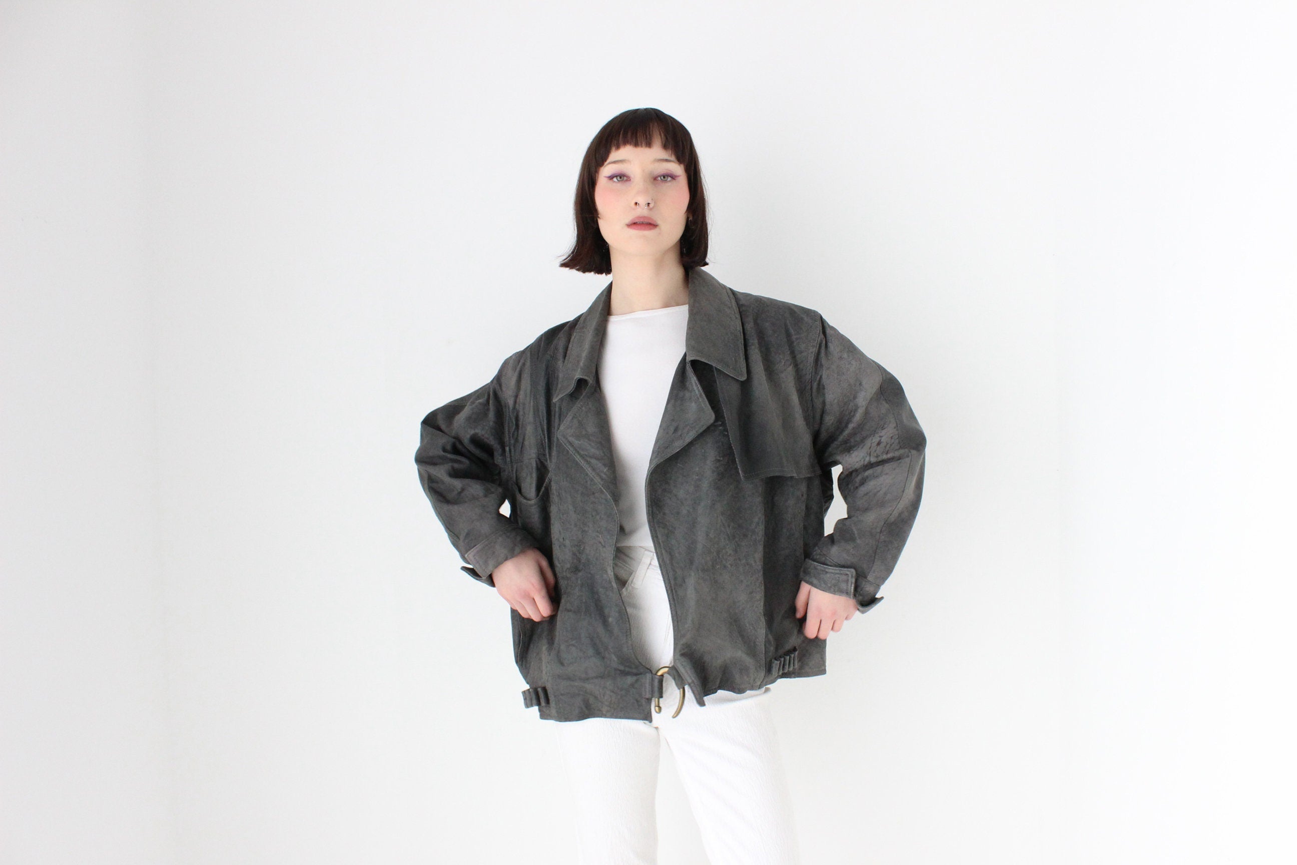 80s Acid Wash Sueded Leather Bomber w/ Feature Brass "Hook" Closure