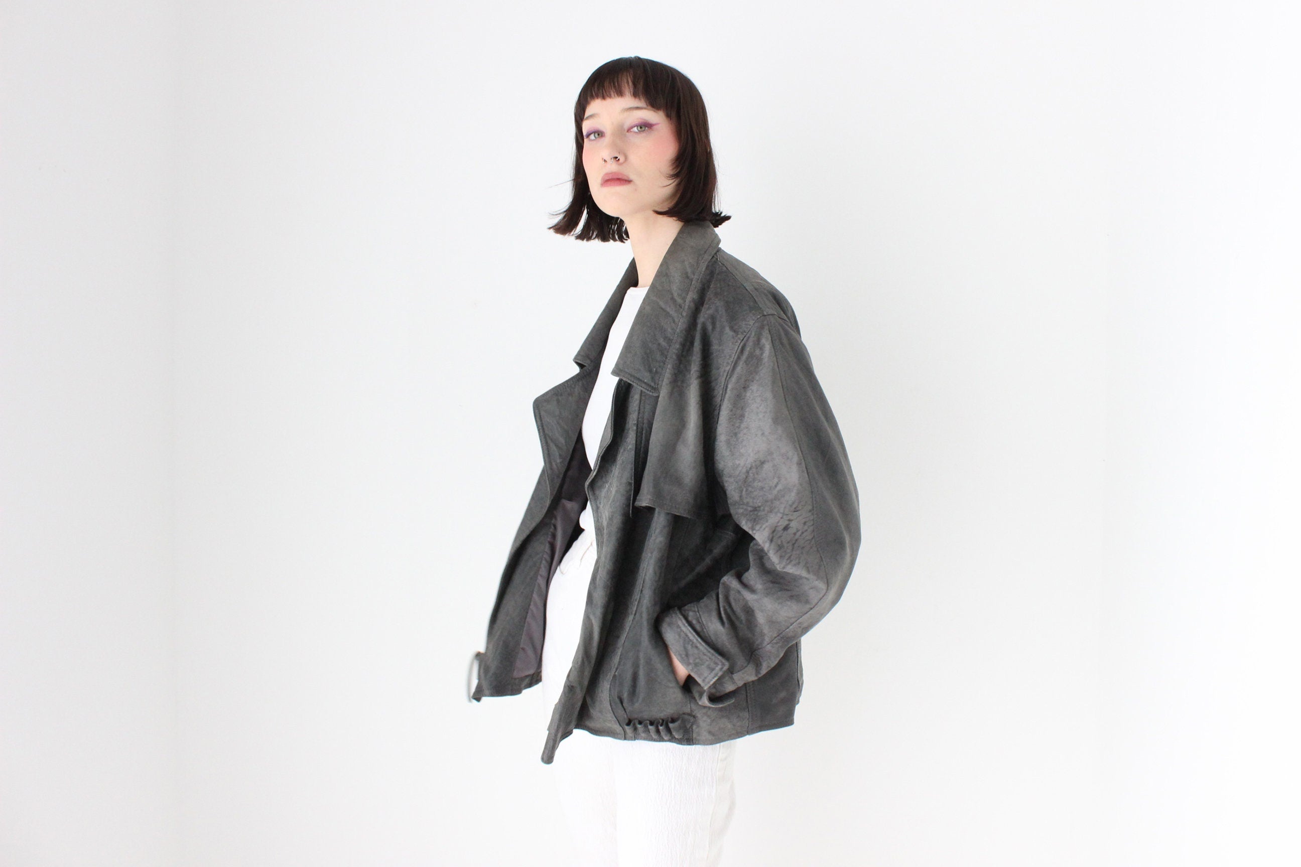 80s Acid Wash Sueded Leather Bomber w/ Feature Brass "Hook" Closure