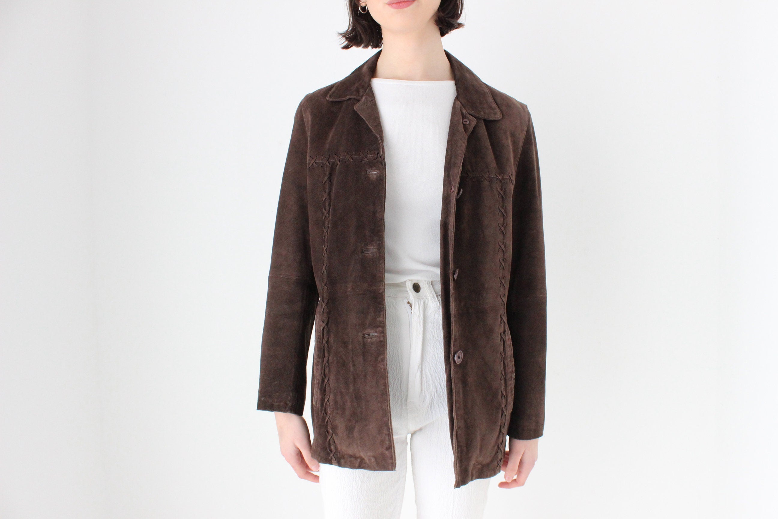 90s Does 70s Chocolate SUEDE Criss-Cross Stitch Jacket