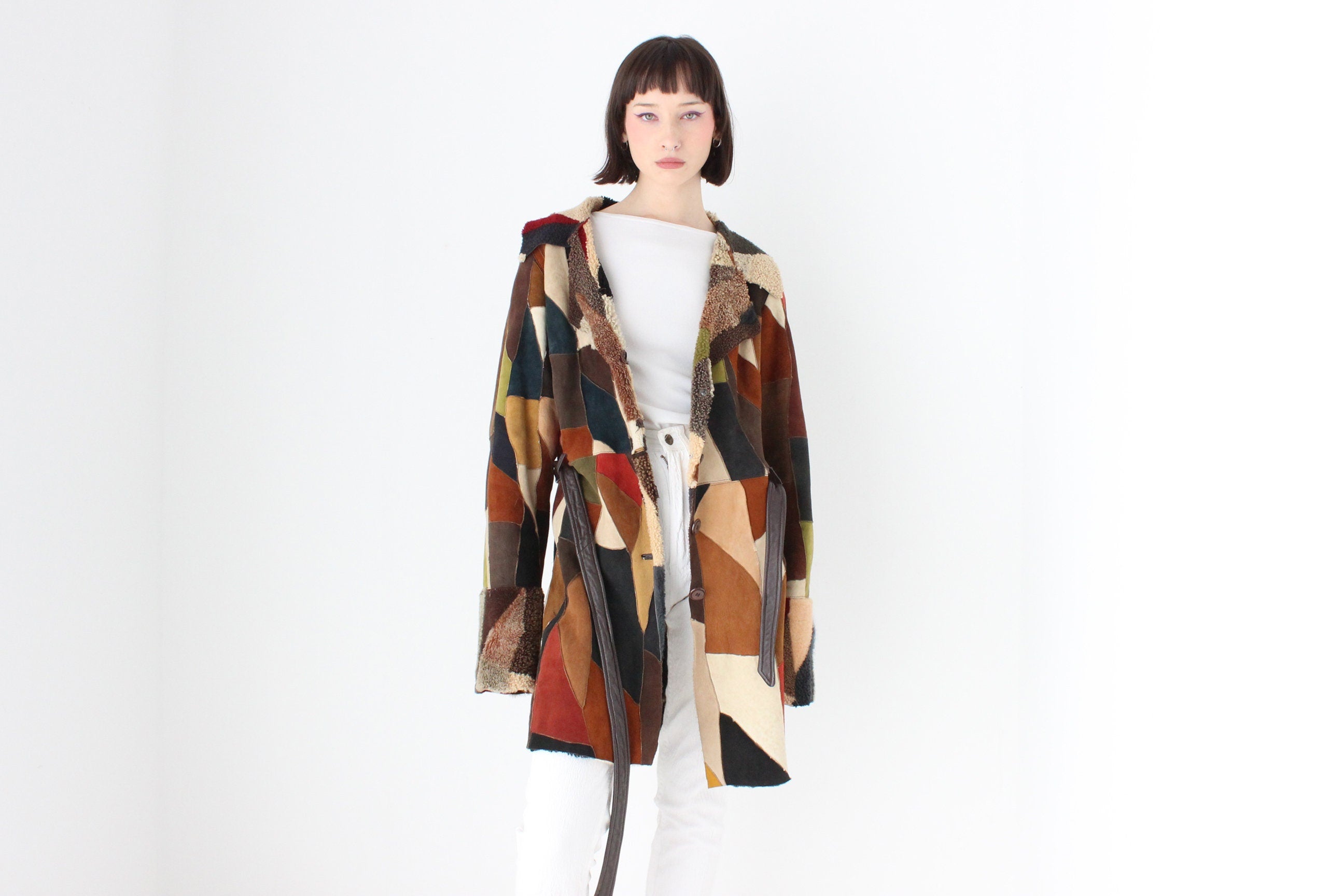 MAGNIFICENT {GENUINE SHEARLING} Rainbow Sheepskin Patchwork 90s does 70s Multi Colour Suede Coat