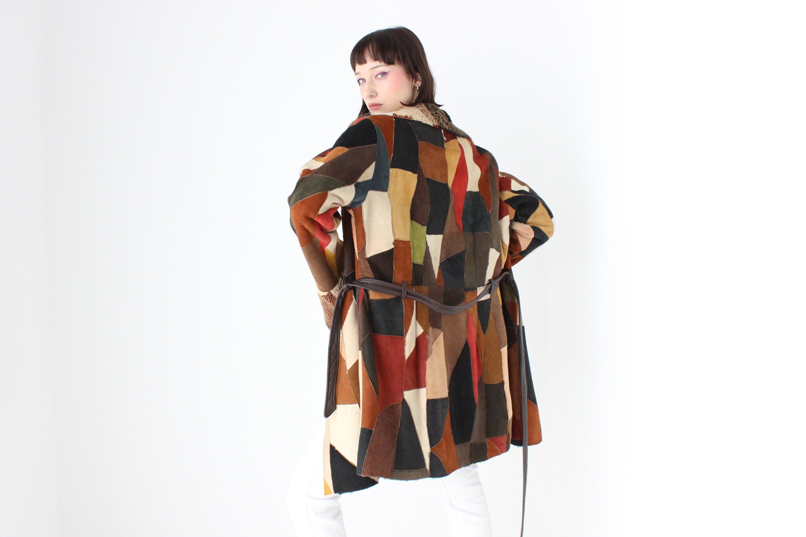 MAGNIFICENT {GENUINE SHEARLING} Rainbow Sheepskin Patchwork 90s does 70s Multi Colour Suede Coat