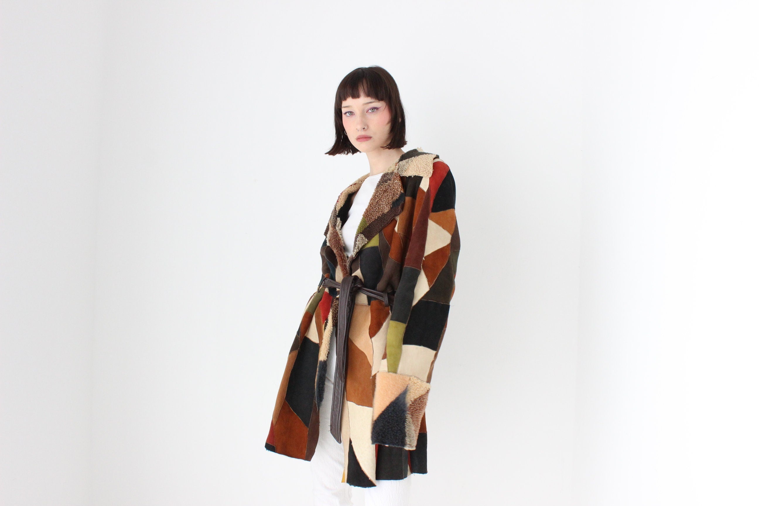 MAGNIFICENT {GENUINE SHEARLING} Rainbow Sheepskin Patchwork 90s does 70s Multi Colour Suede Coat