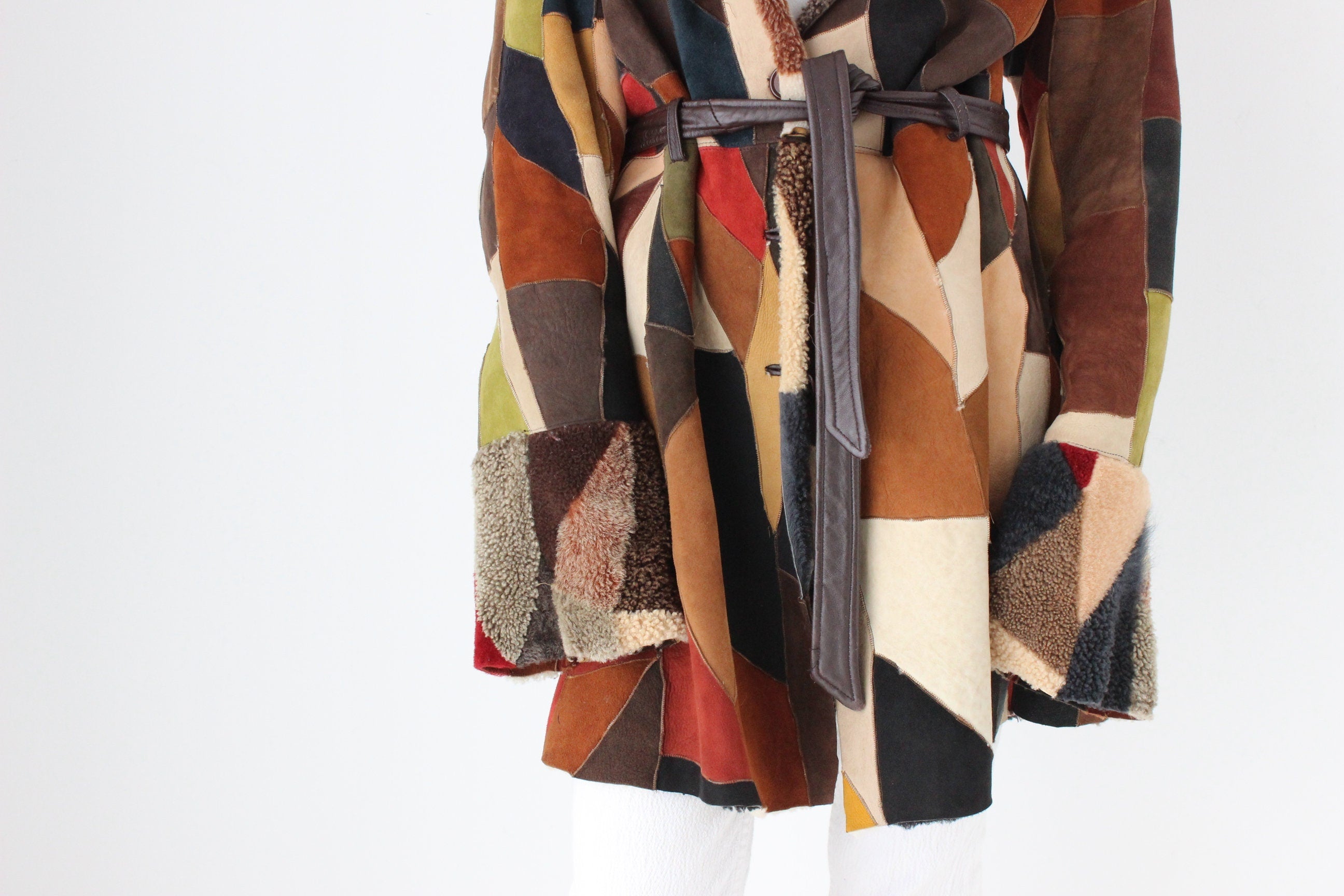 MAGNIFICENT {GENUINE SHEARLING} Rainbow Sheepskin Patchwork 90s does 70s Multi Colour Suede Coat