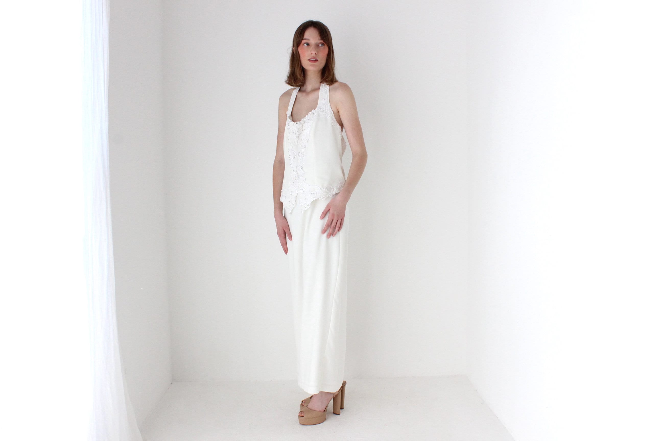 90s Crepe Halter Neck White Wedding Dress