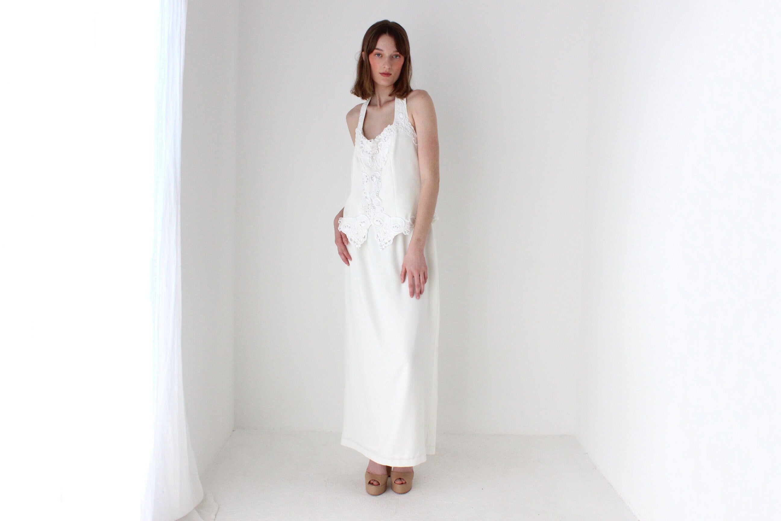 90s Crepe Halter Neck White Wedding Dress