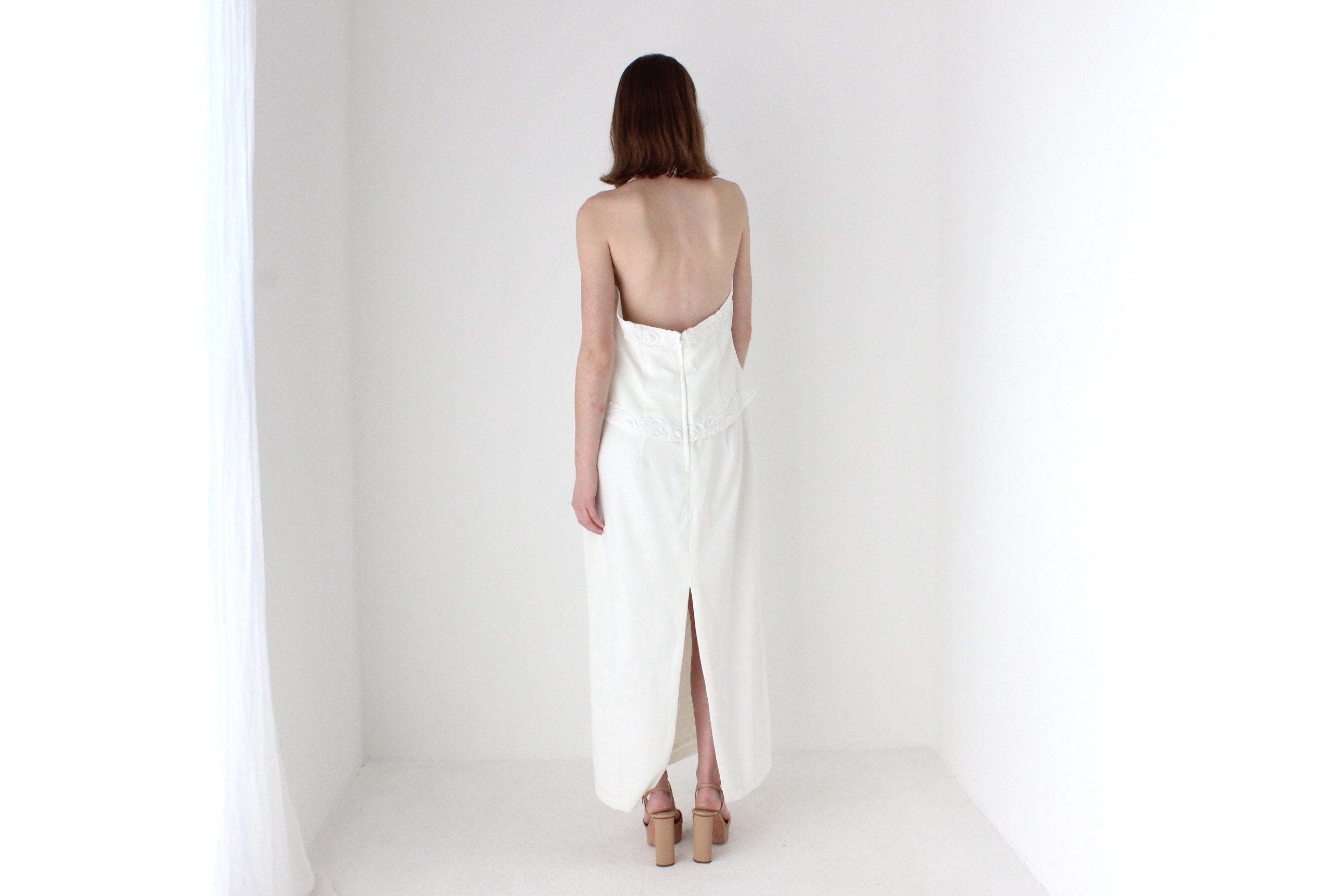90s Crepe Halter Neck White Wedding Dress