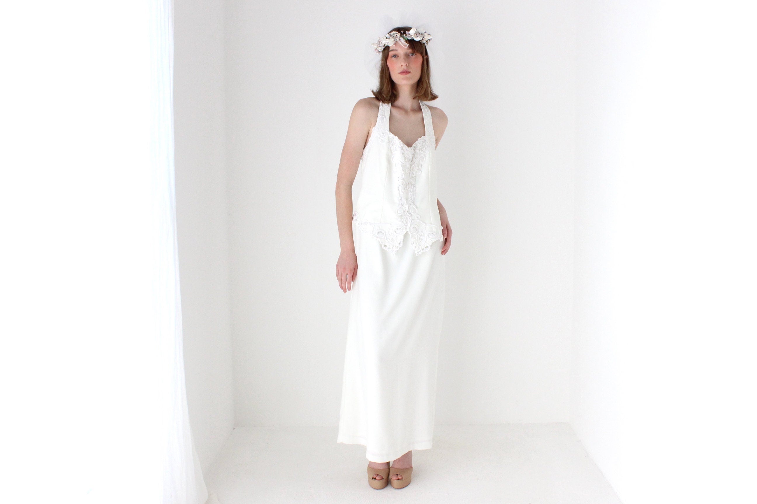 90s Crepe Halter Neck White Wedding Dress