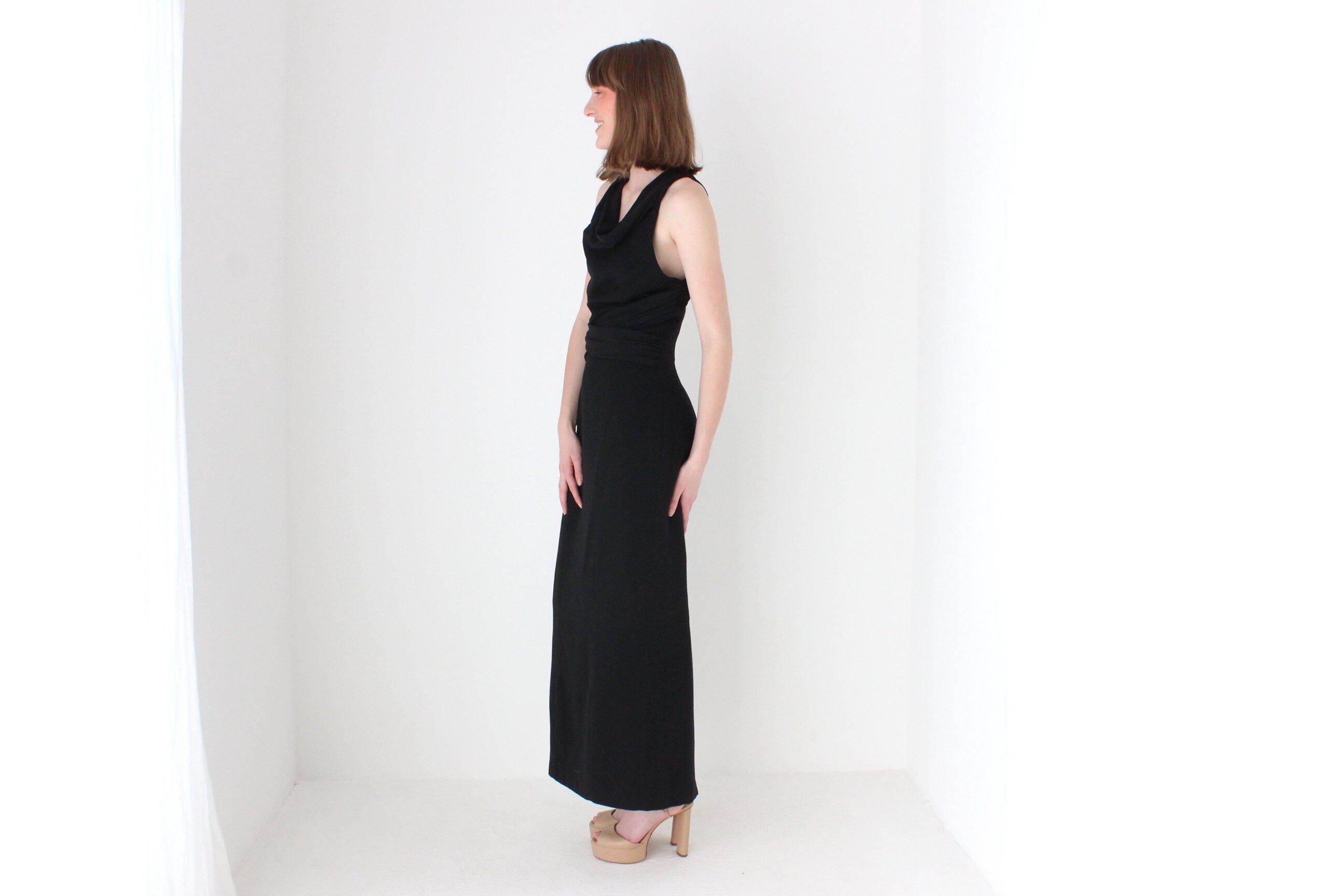 80s Cowl Neck & Criss Cross Back Crepe Hourglass Gown