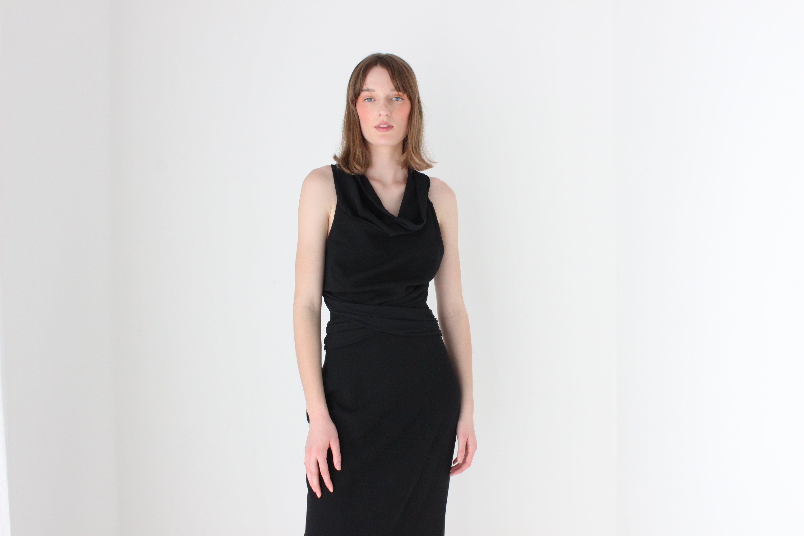 80s Cowl Neck & Criss Cross Back Crepe Hourglass Gown