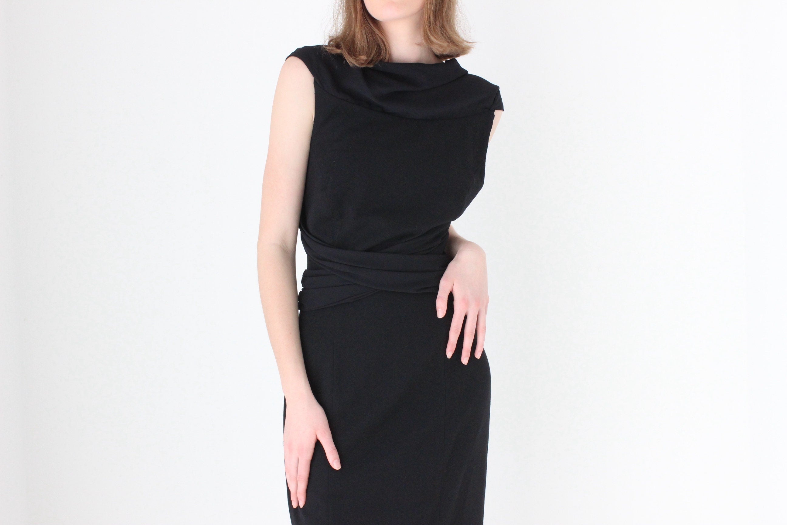 80s Cowl Neck & Criss Cross Back Crepe Hourglass Gown