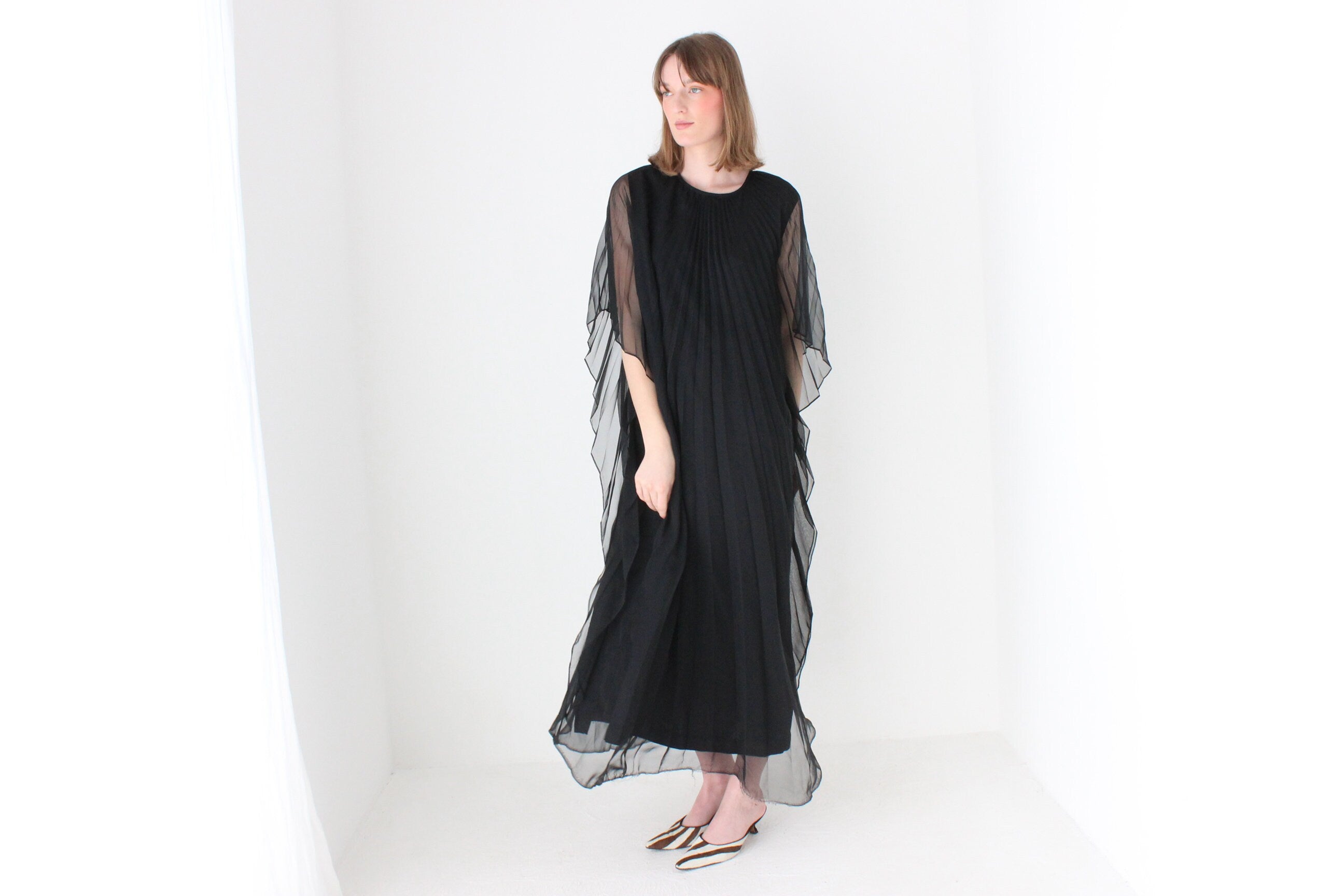 70s Sheer Accordion Pleated WINGED Gown