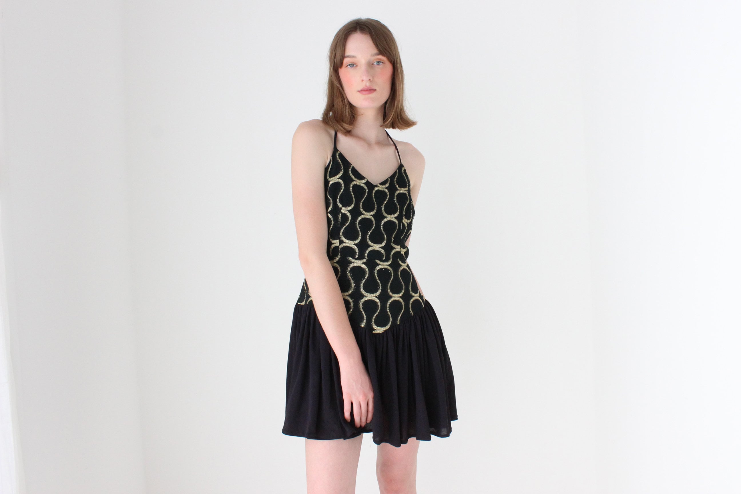 80s Tussi Gold & Black Flouncy Skirt Halter Mini
