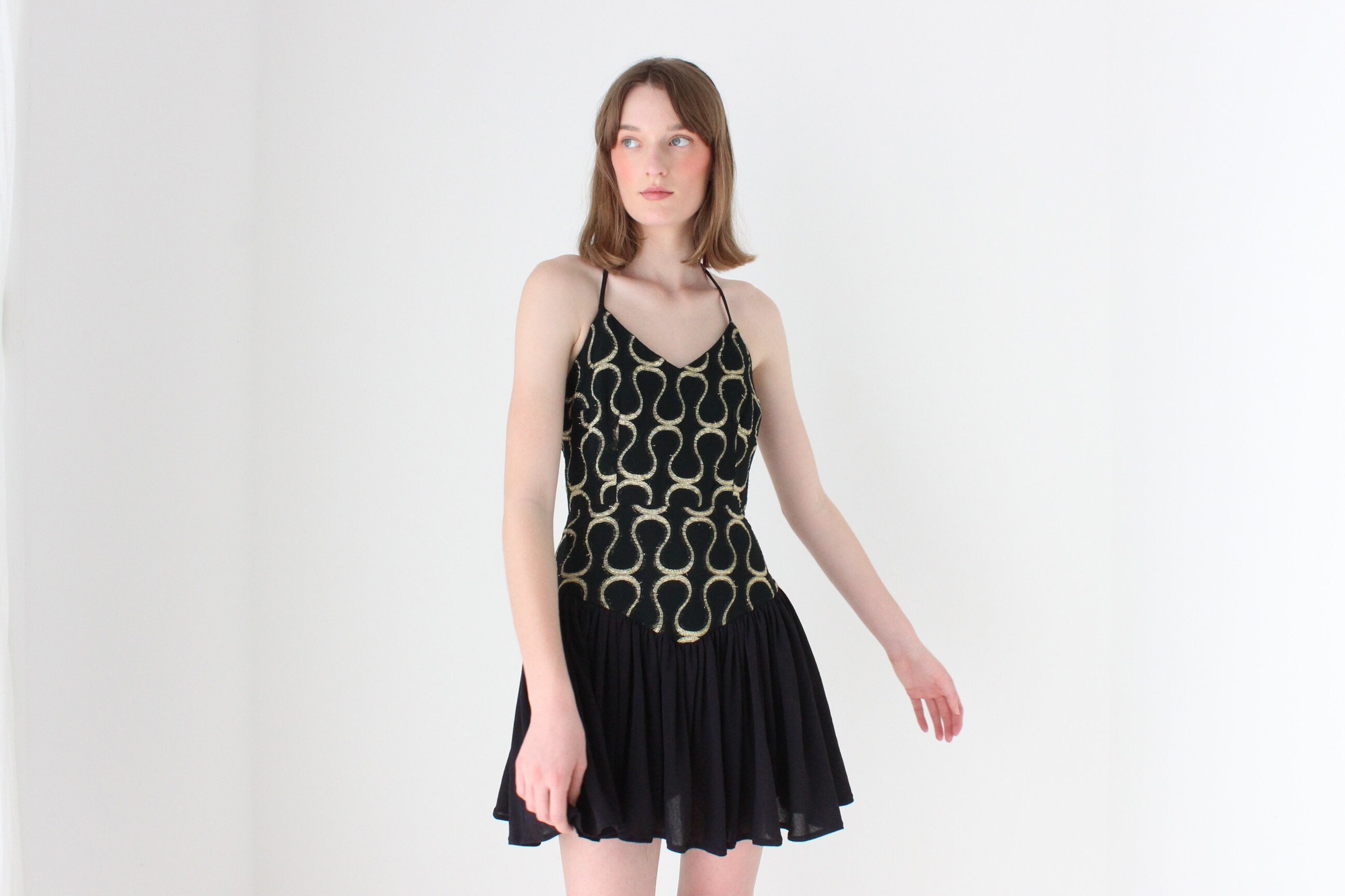 80s Tussi Gold & Black Flouncy Skirt Halter Mini