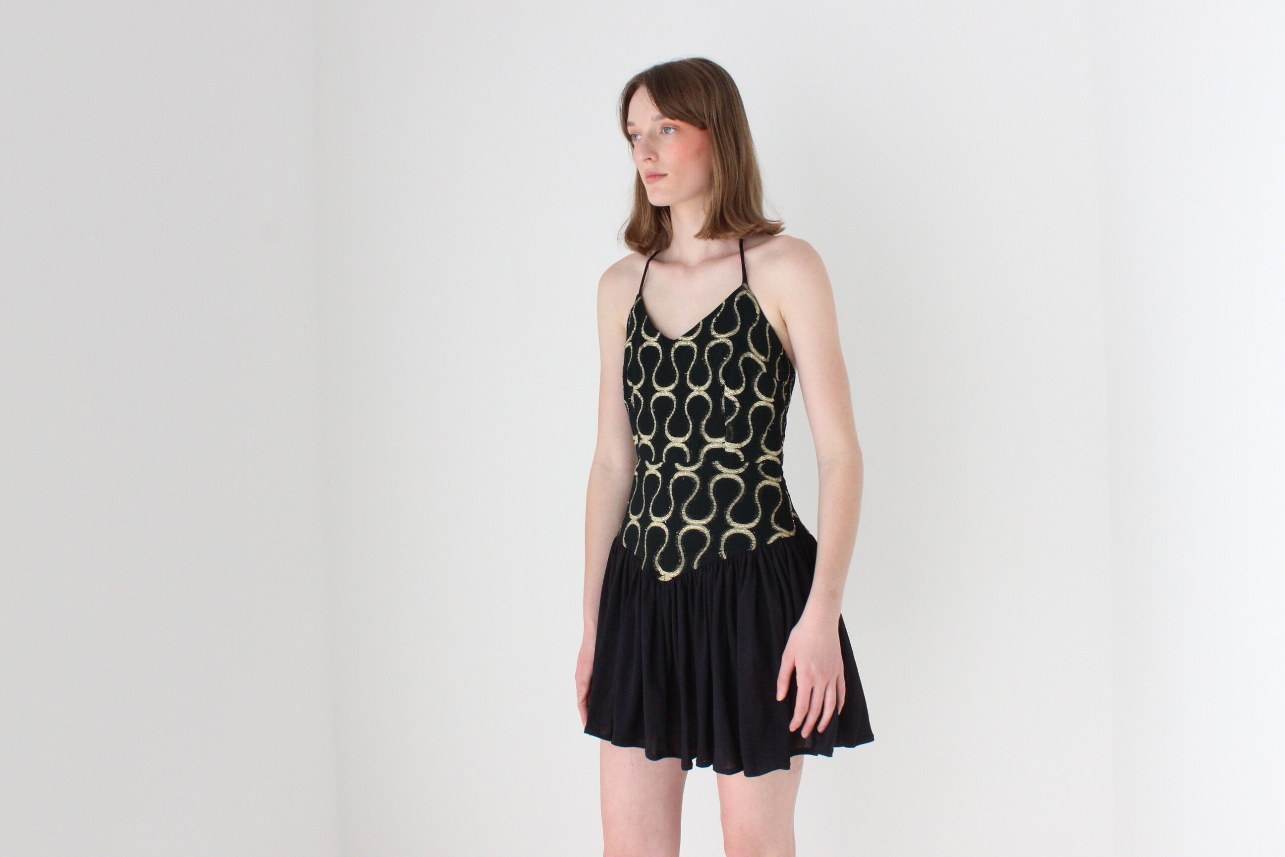 80s Tussi Gold & Black Flouncy Skirt Halter Mini