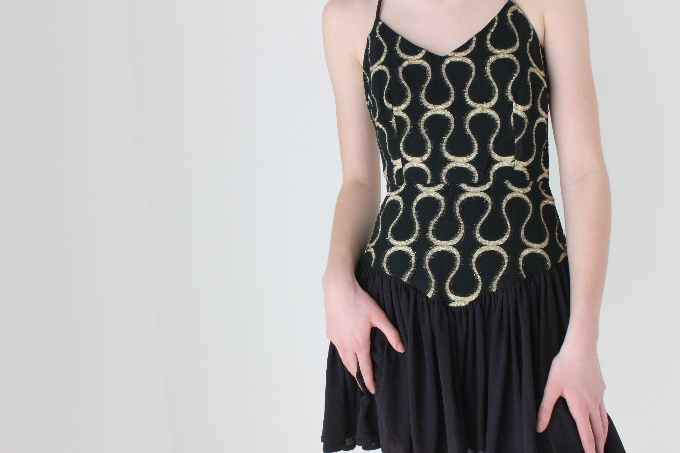 80s Tussi Gold & Black Flouncy Skirt Halter Mini