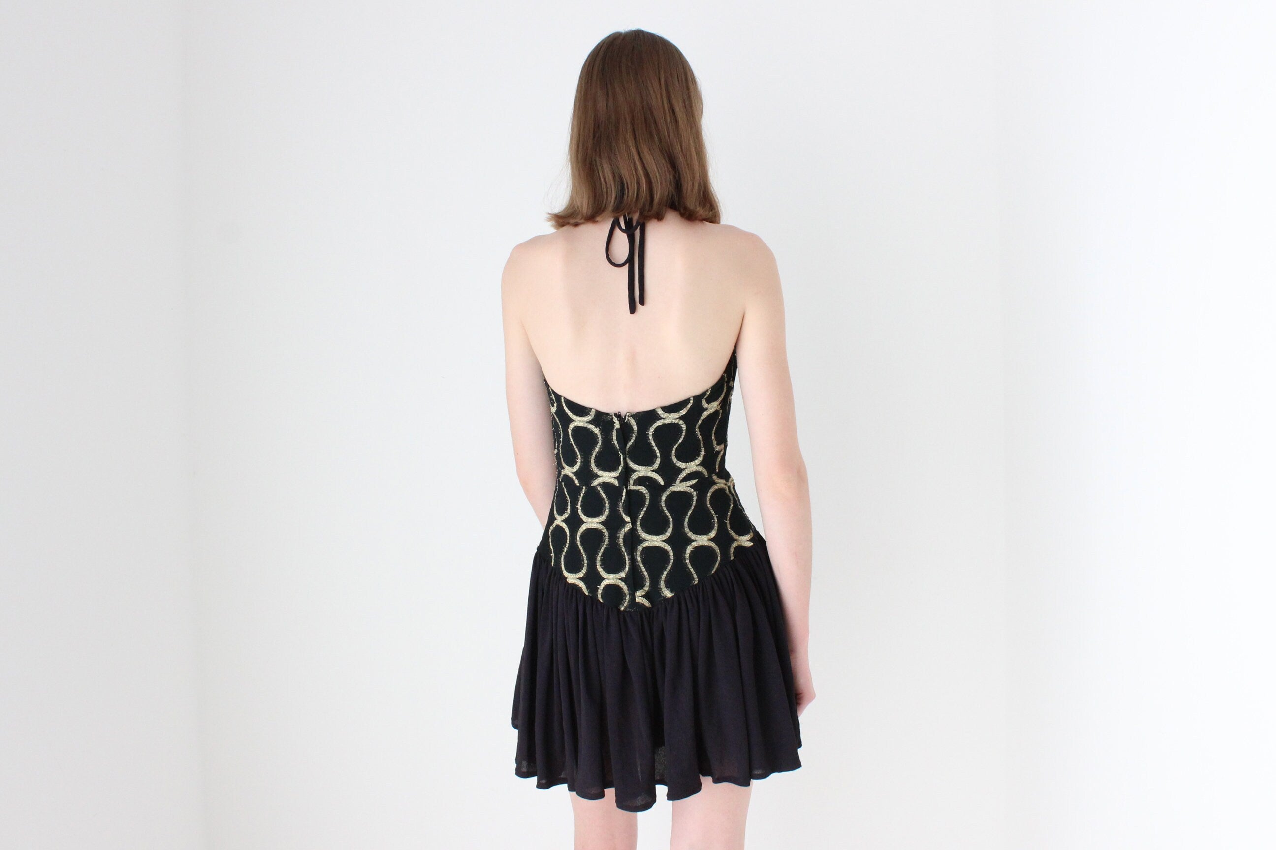 80s Tussi Gold & Black Flouncy Skirt Halter Mini