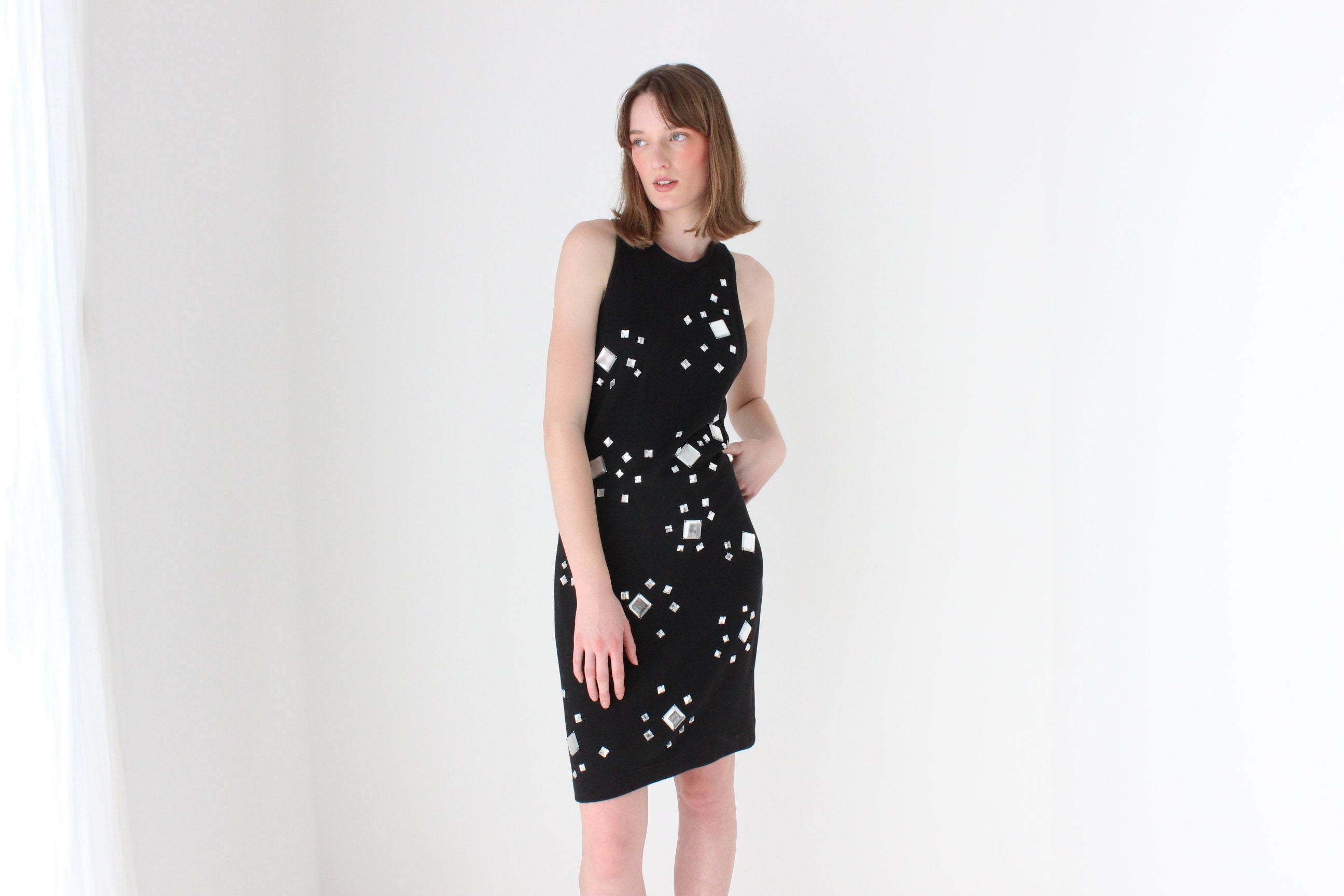 80s CACHE Mirror Gem Encrusted Cotton Knit High Neck Cocktail Dress