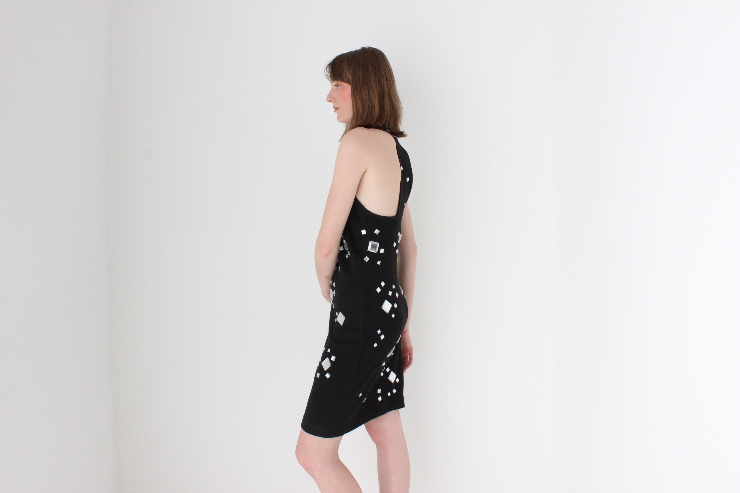 80s CACHE Mirror Gem Encrusted Cotton Knit High Neck Cocktail Dress
