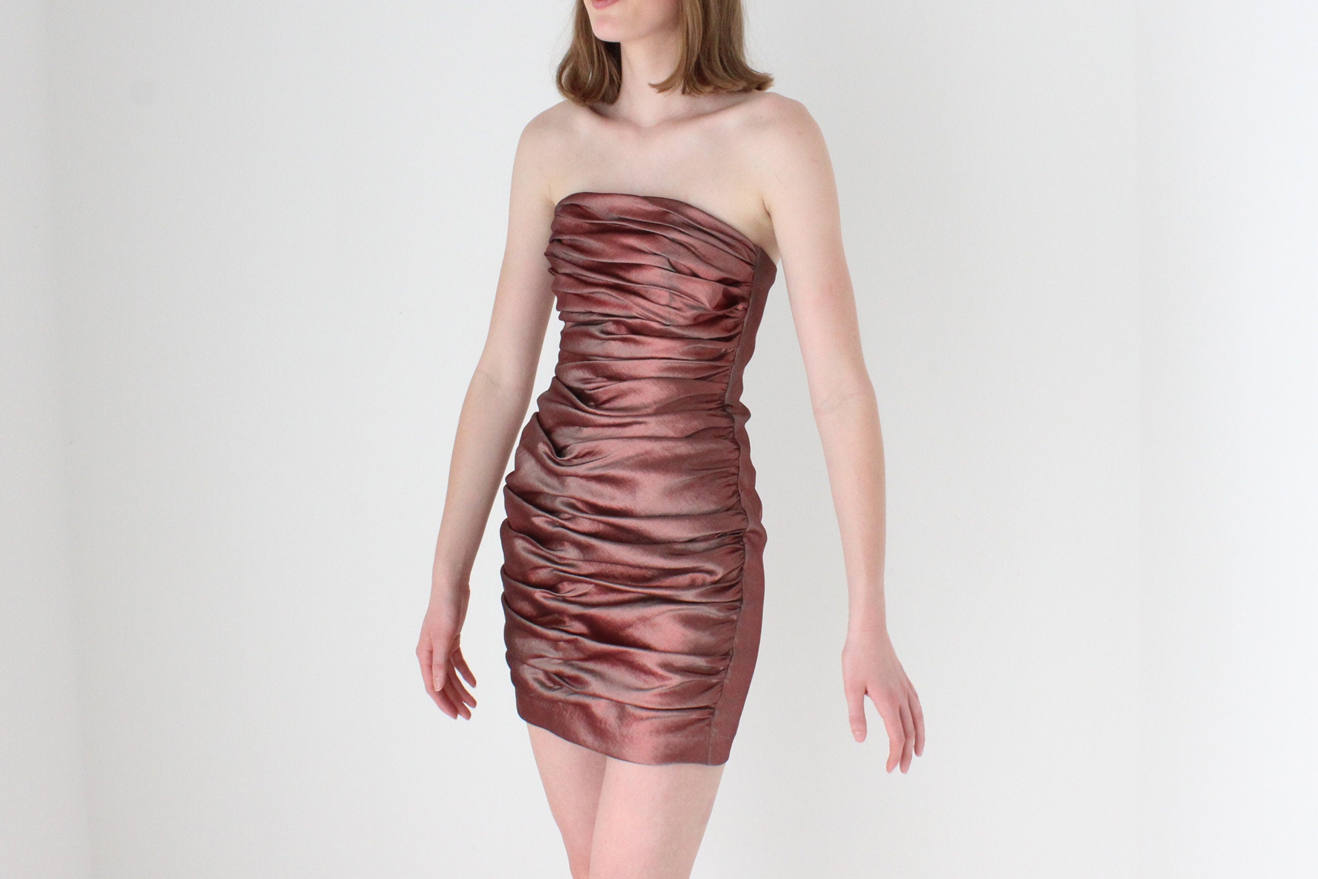 80s Jessica McClintock Holographic Ruched Metallic Strapless Mini