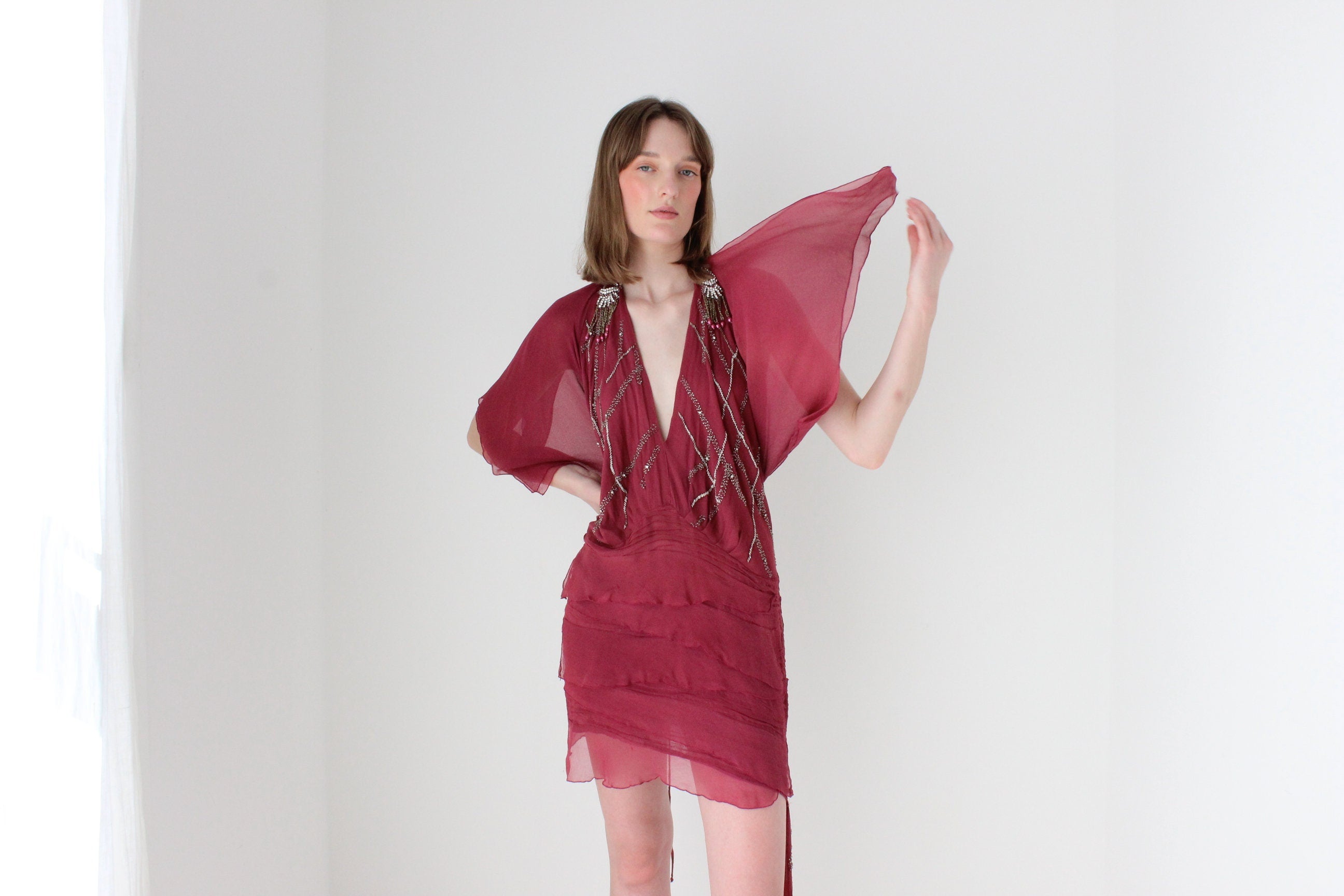 Y2K Embellished Silk Plunge Neck Backless Mini Dress