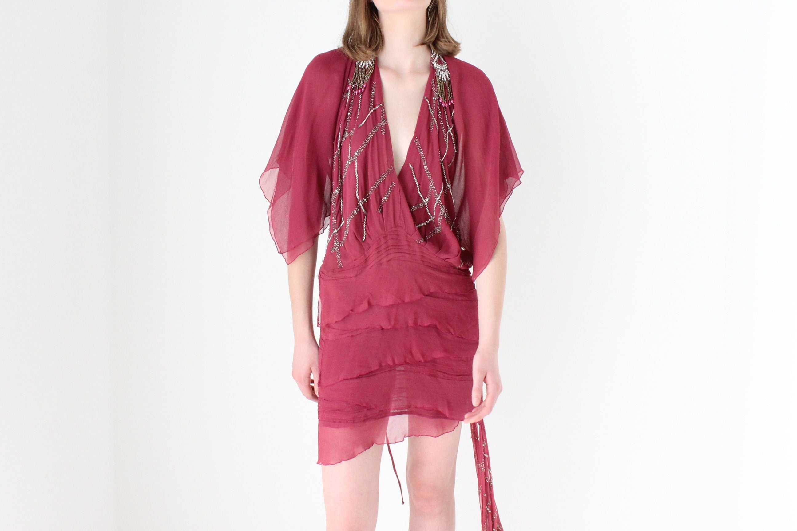 Y2K Embellished Silk Plunge Neck Backless Mini Dress