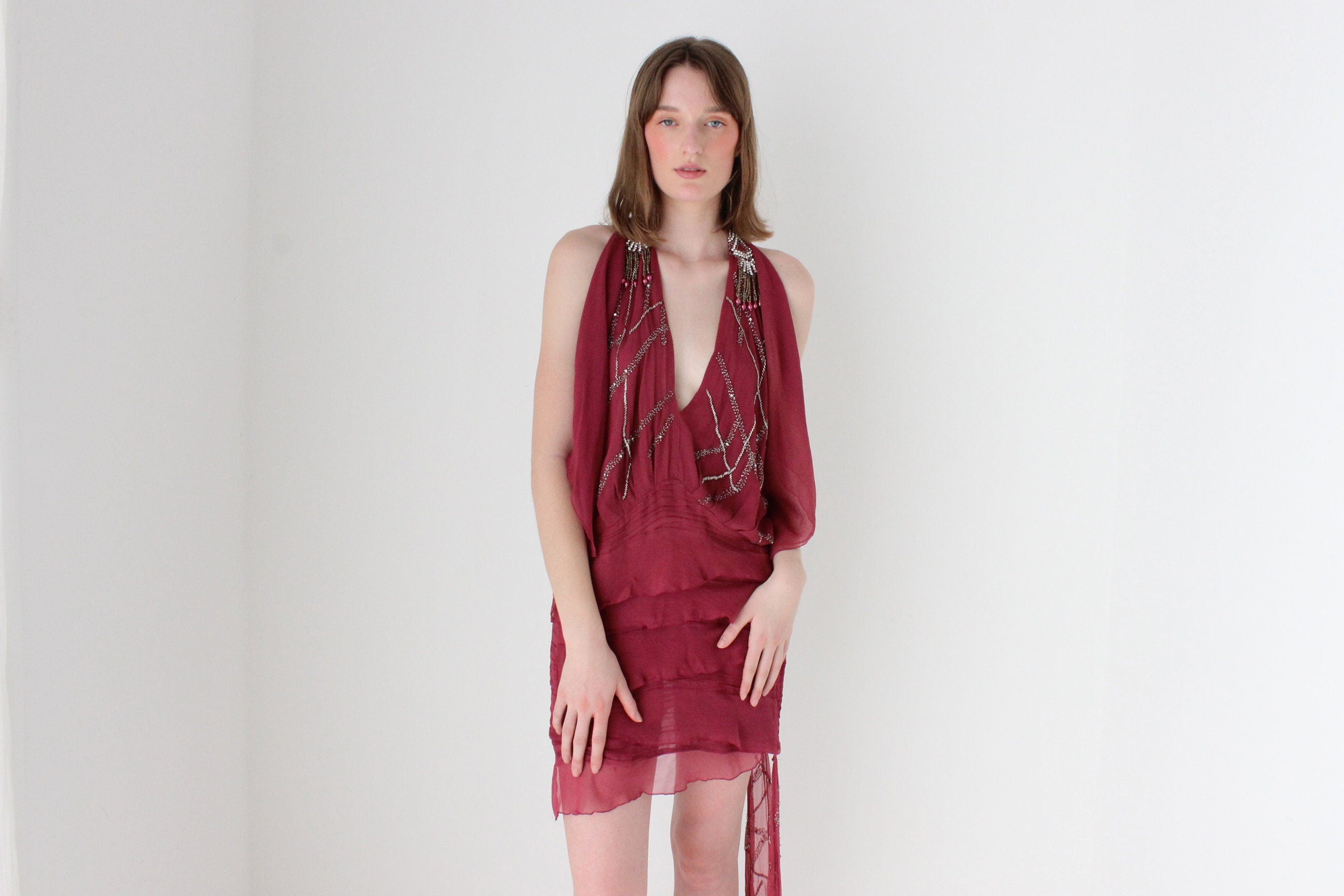 Y2K Embellished Silk Plunge Neck Backless Mini Dress