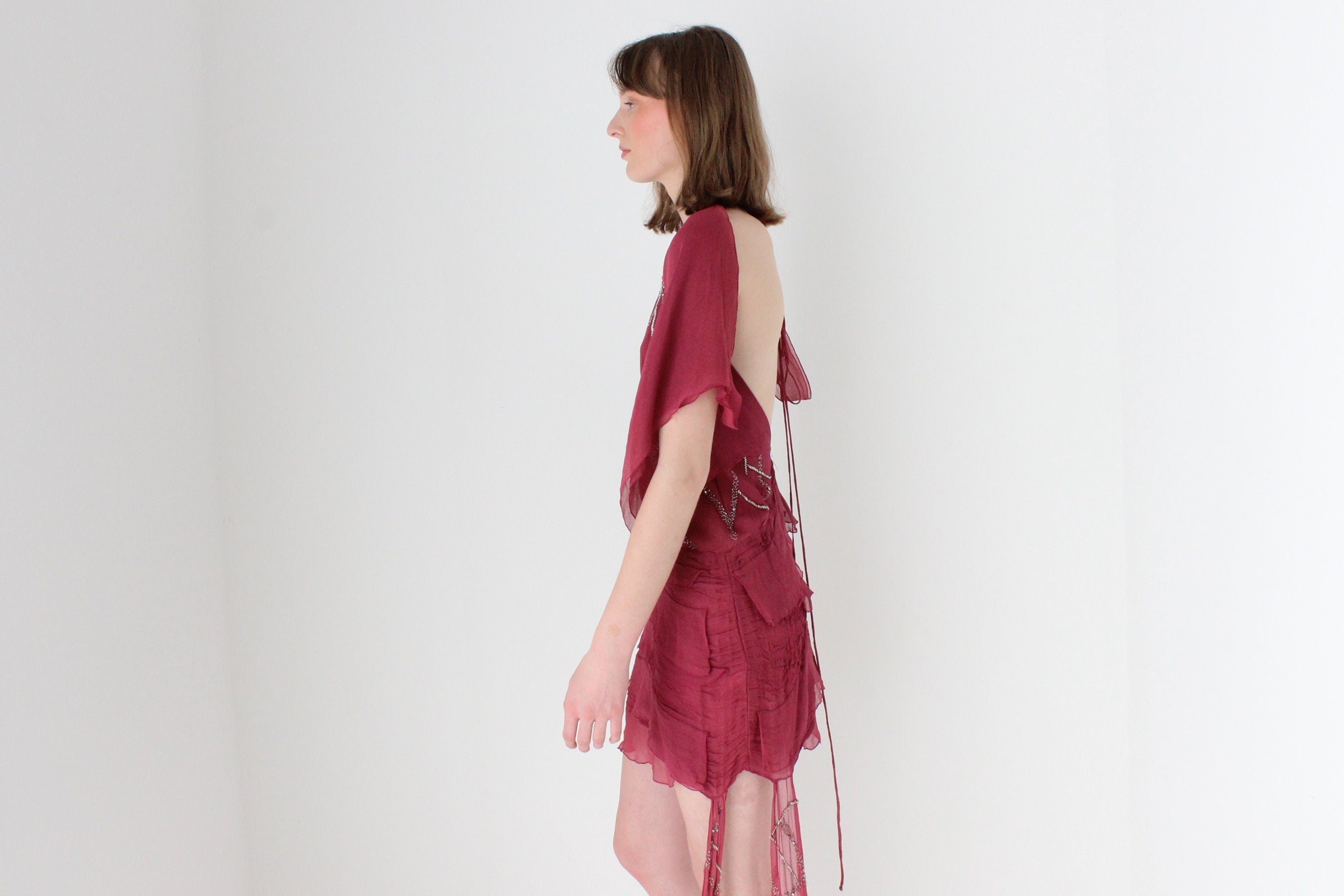 Y2K Embellished Silk Plunge Neck Backless Mini Dress
